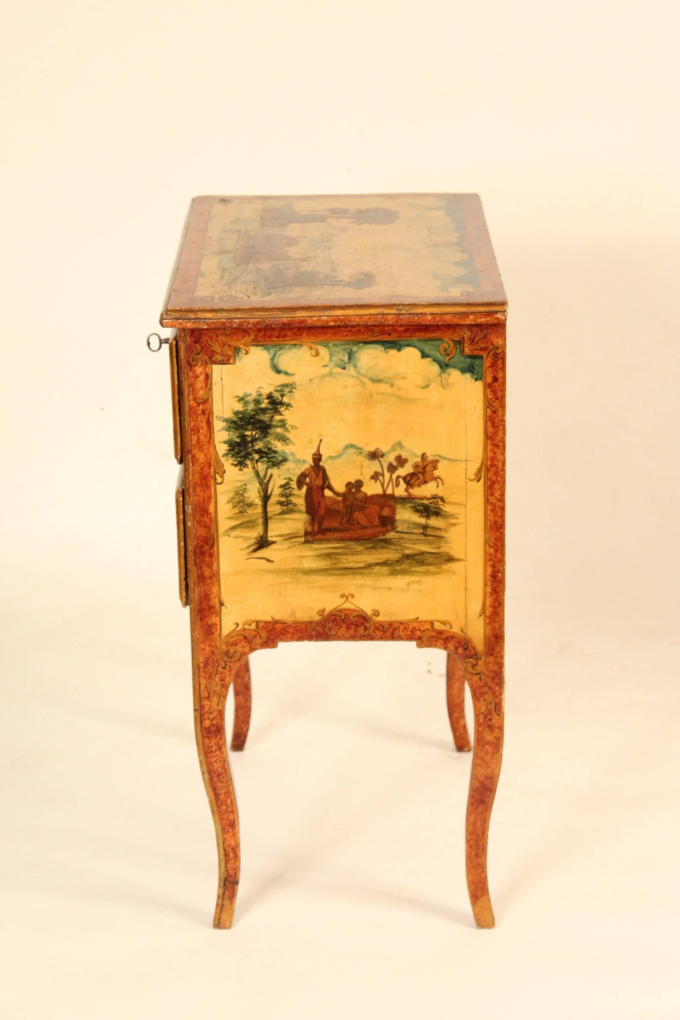 Italian Louis XV laca povera chest of drawers, 19th century. The design is printed on paper then applied to the chest of drawers and lacquered. The background is painted.