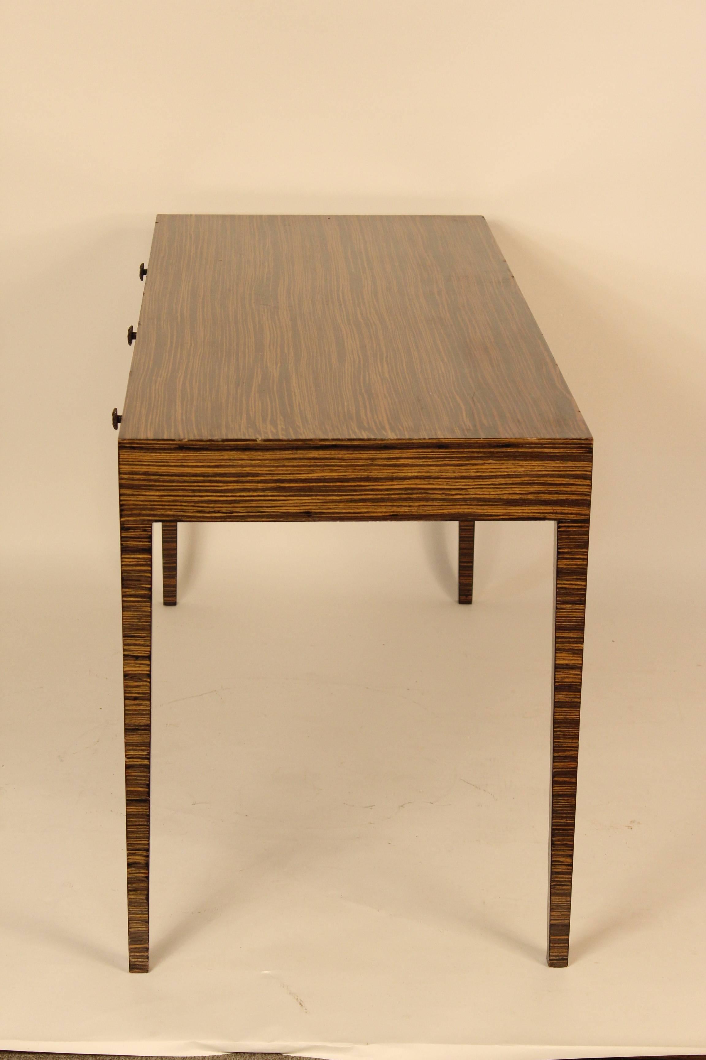 Zebra wood and faux shagreen Mid-Century Modern style desk, circa 1990. I am not 100% sure if it is shagreen or faux shagreen so I am calling it faux shagreen.