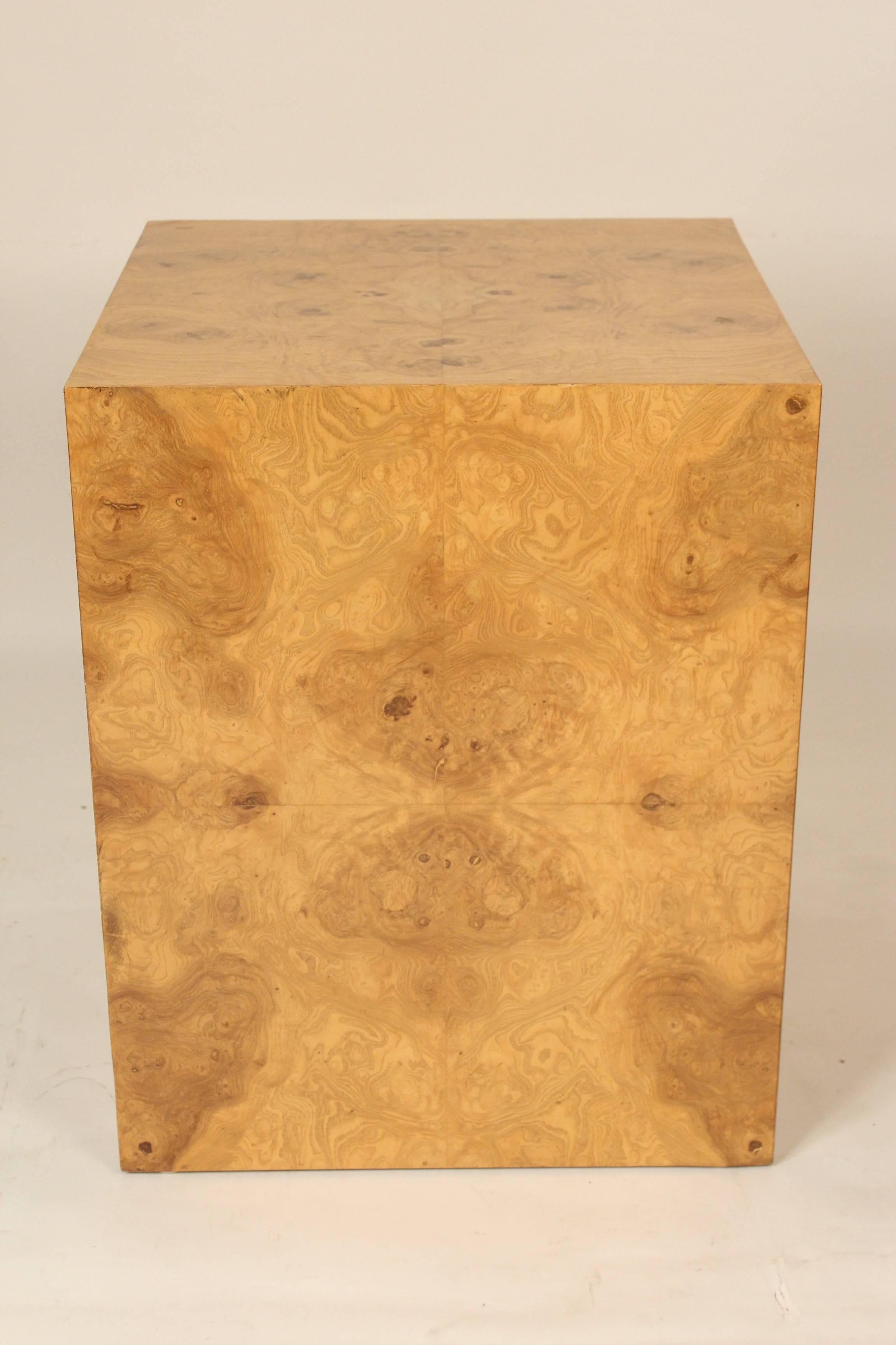 Burled cube form occasional table or pedestal attributed to Milo Baughman, circa 1980s.