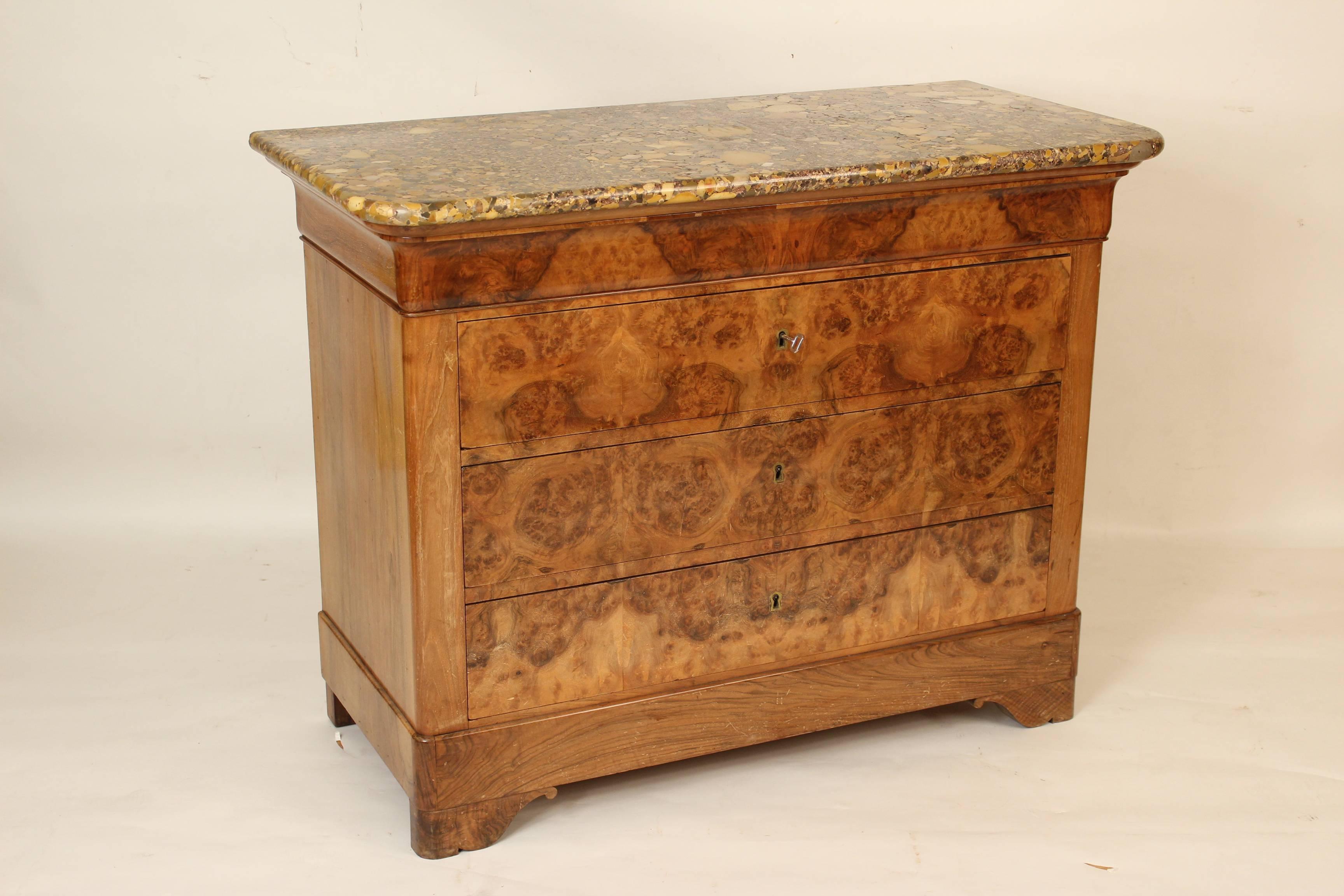 Marble Louis Philippe Style Burl Walnut Commode