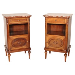 Pair of Neoclassical Style Walnut Nightstands with Marble Tops