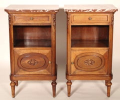 Pair of Neoclassical Style Walnut Nightstands with Marble Tops