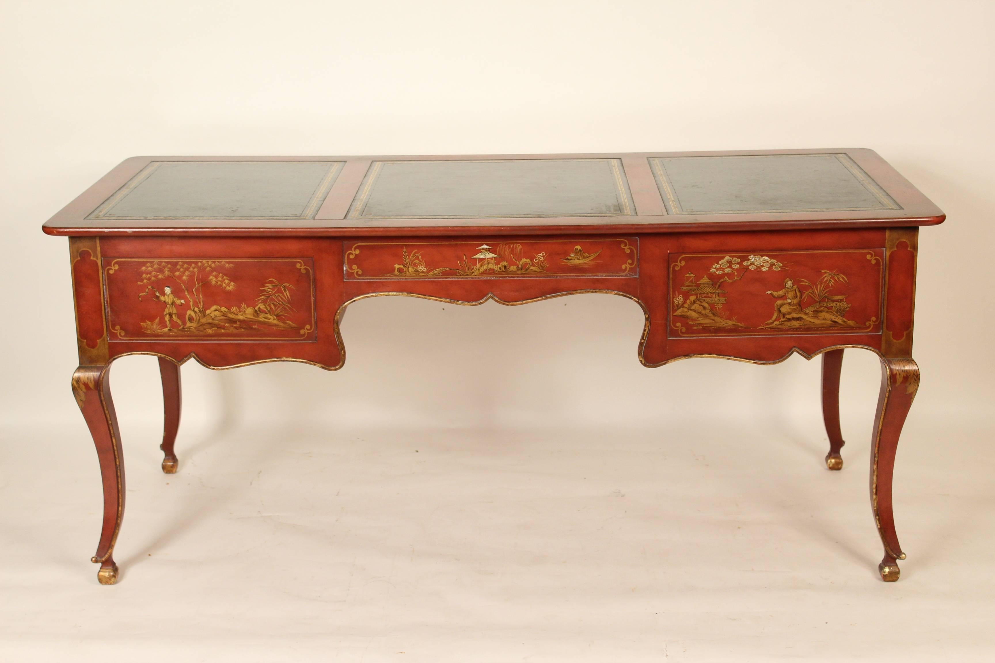 Baker Louis XV Style Red Chinoiserie Decorated Desk In Good Condition In Laguna Beach, CA