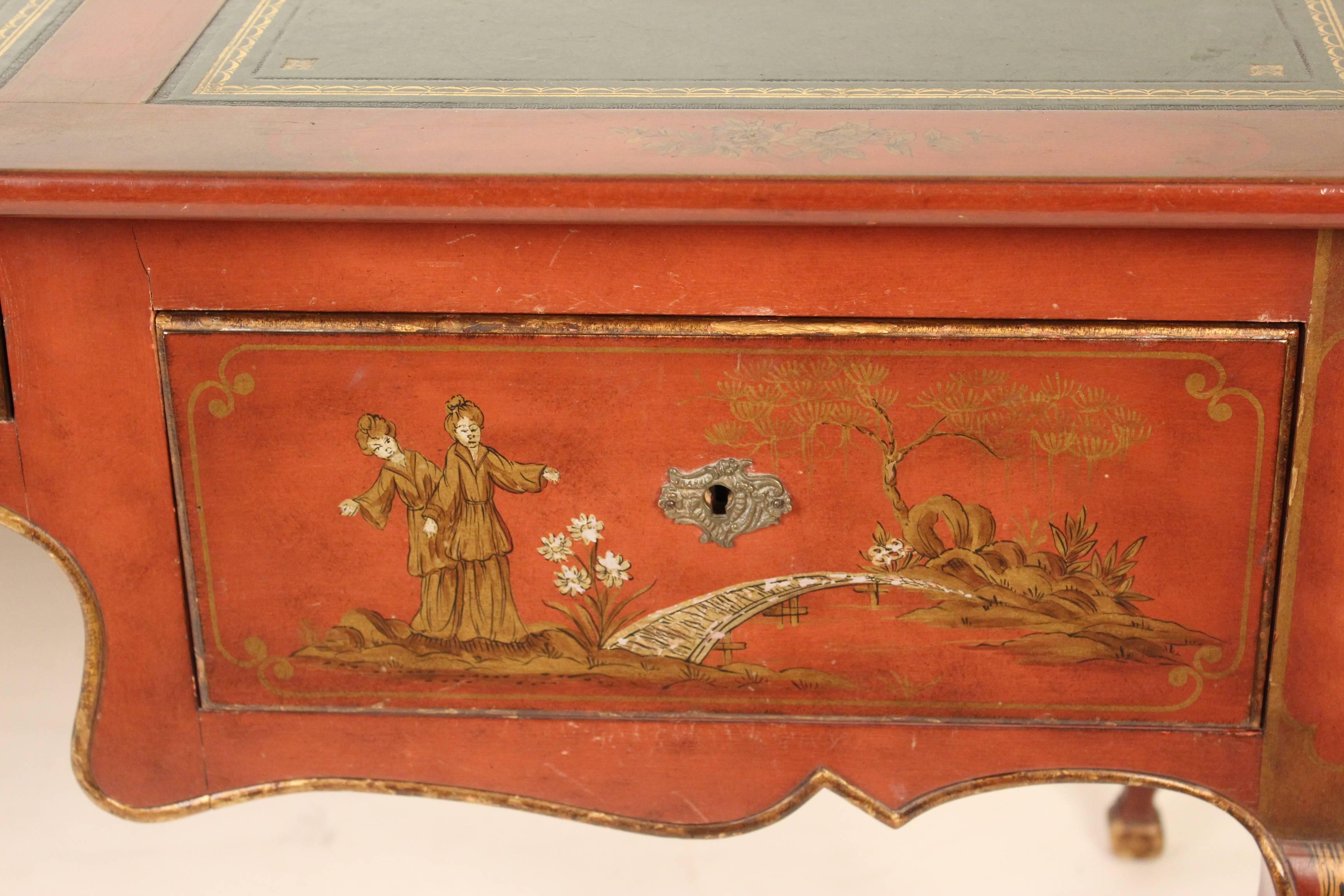 Late 20th Century Baker Louis XV Style Red Chinoiserie Decorated Desk