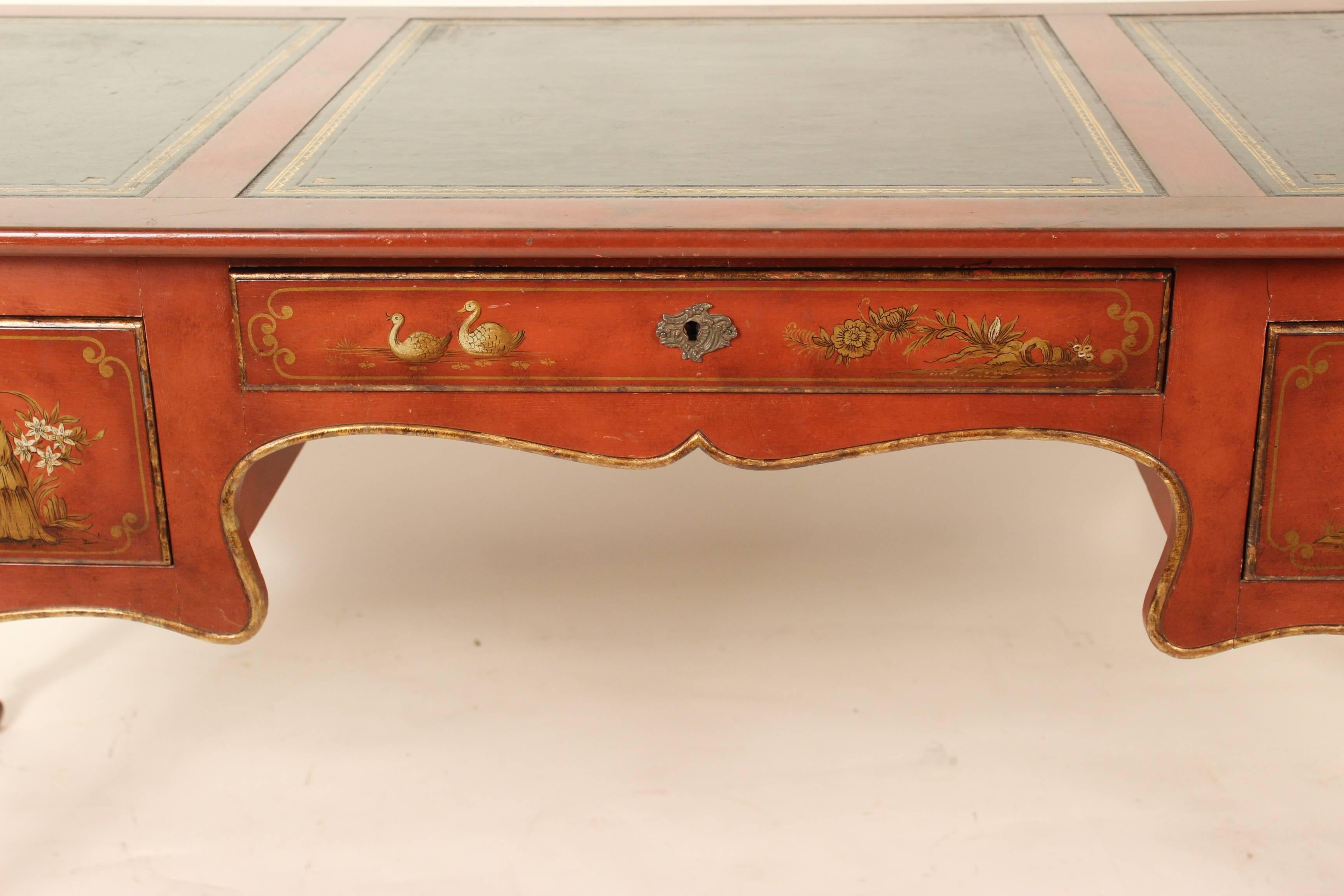 Paint Baker Louis XV Style Red Chinoiserie Decorated Desk