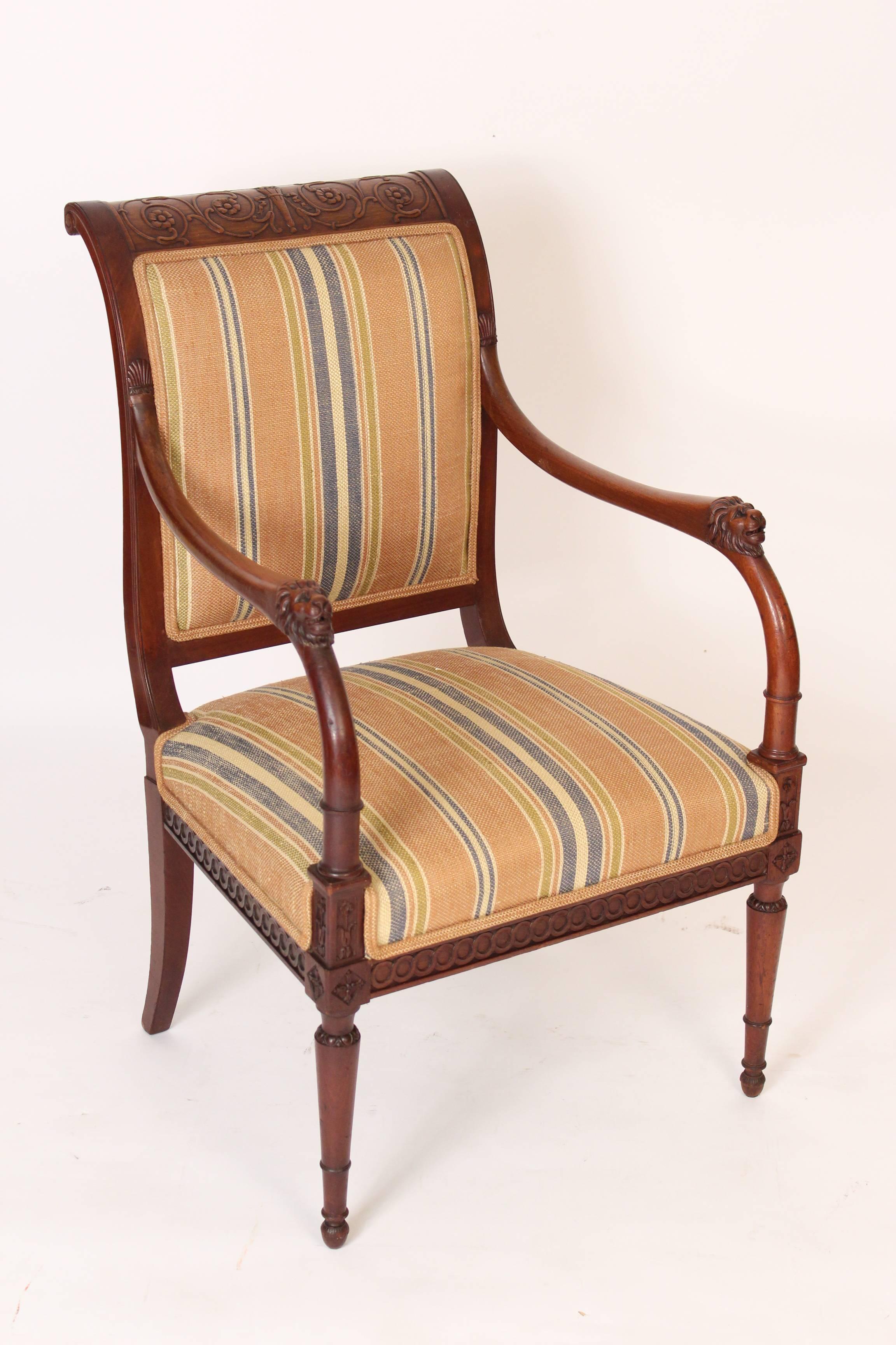 Pair of Directoire style mahogany armchairs made by Maison Jansen,
circa 1930. The underside of the front seat rail, Jansen is stamped into the wood.