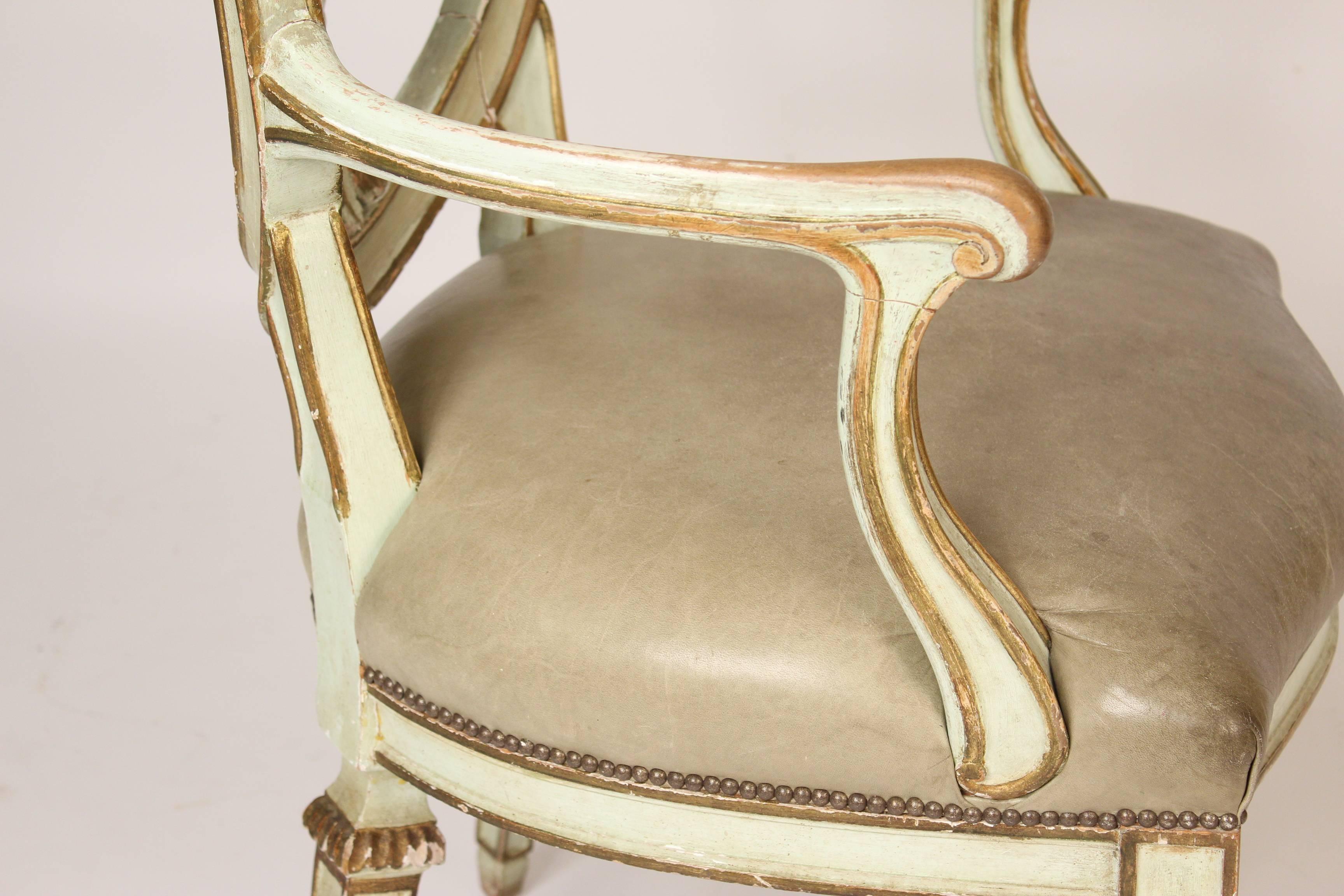 Leather Neoclassical Style Painted and Gilt Armchair