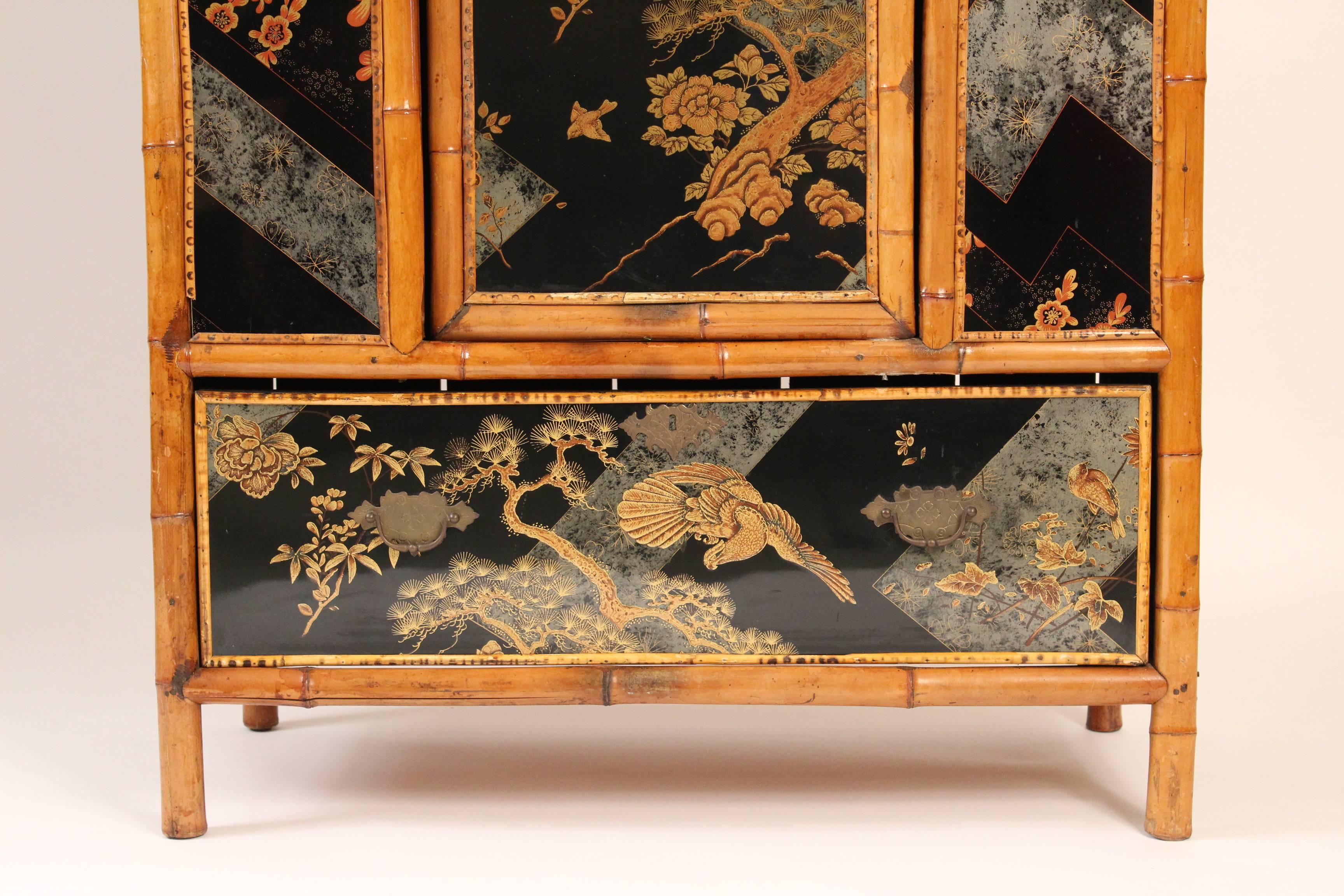 Bamboo and Chinoiserie Decorated Armoire In Good Condition In Laguna Beach, CA