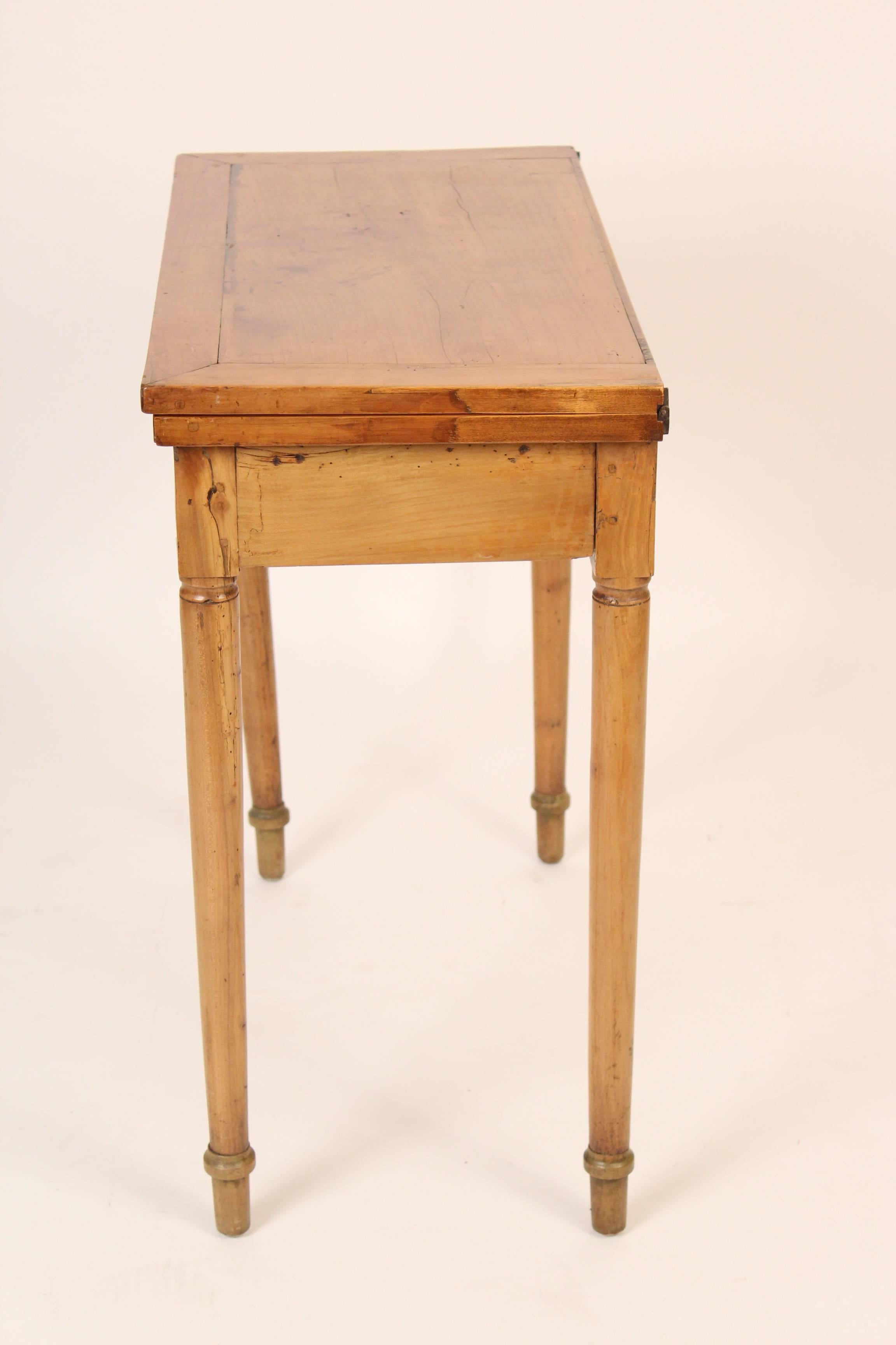 Directoire fruit wood backgammon table with leather playing surface and concertina action (both back legs pull out) early 19th century. Dimensions when closed, height 29.25