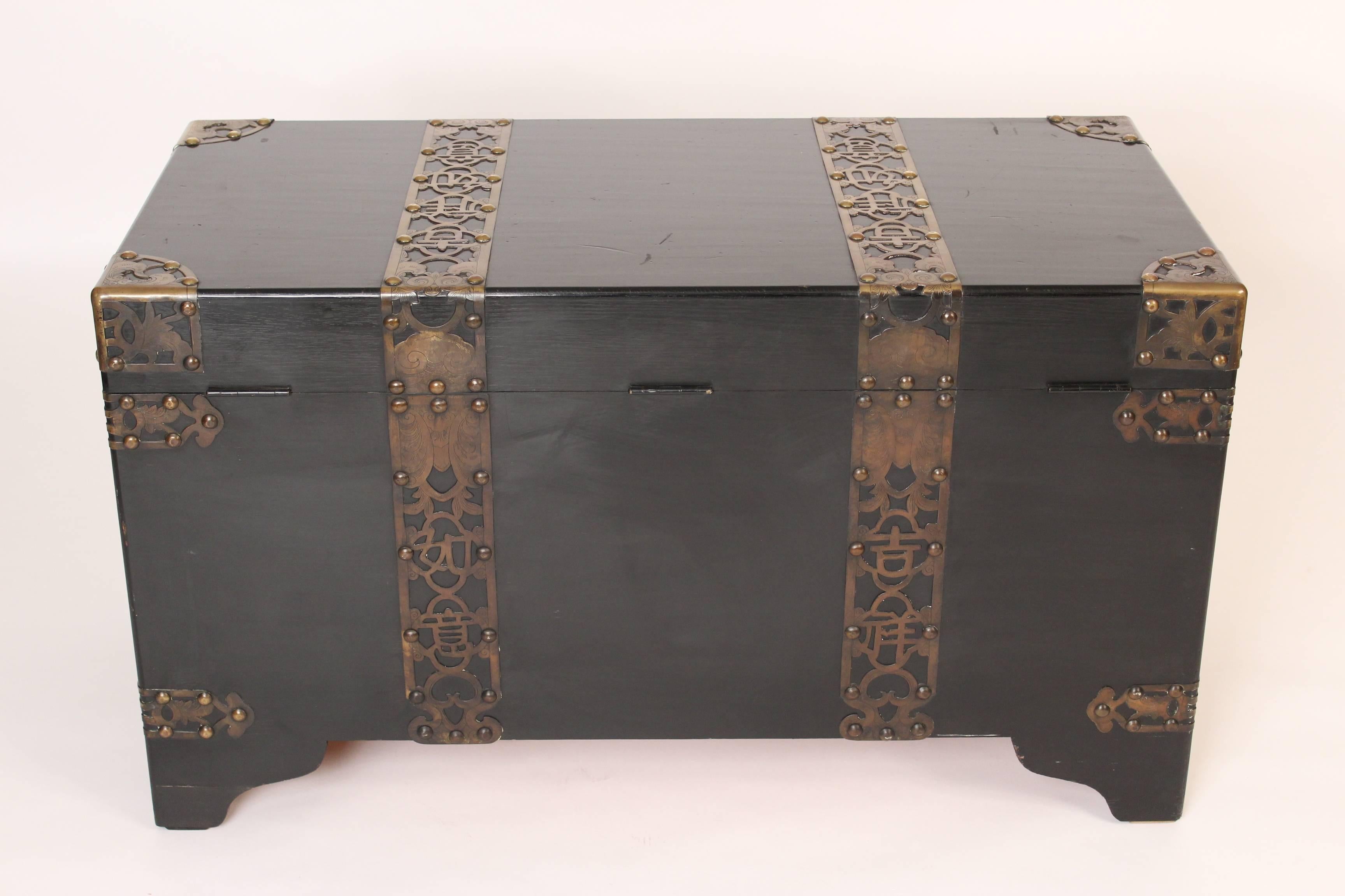 Chinese Export Chinese Style Black Lacquer Trunk with Brass Mounts