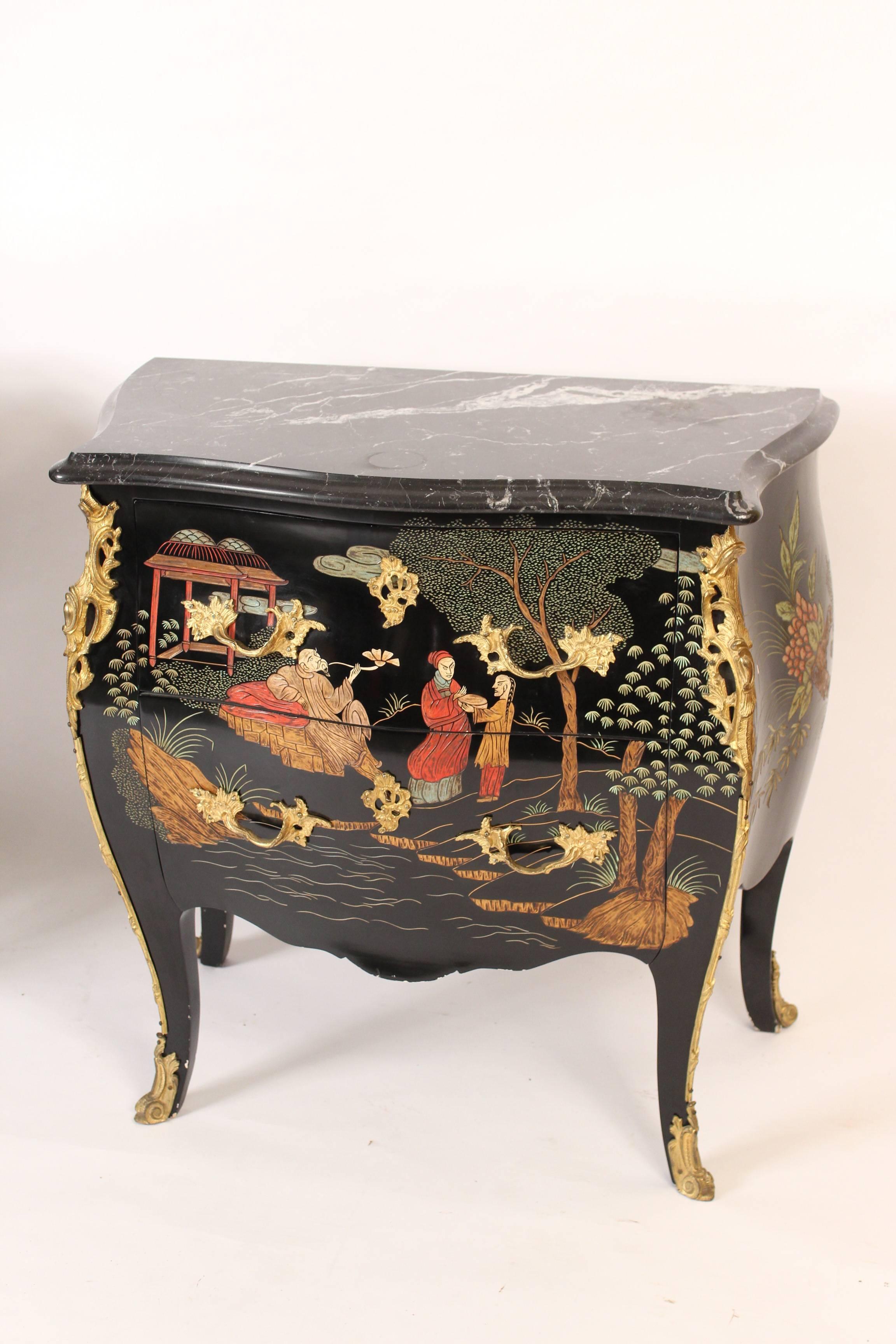 Pair of Louis XV style Coromandel lacquer bombe commodes with, gilt bronze mounts and marble tops, circa 1990. Exquisite colorful pair of commodes with top quality craftsmanship, fine quality gilt bronze mounts, colorful Coromandel lacquer