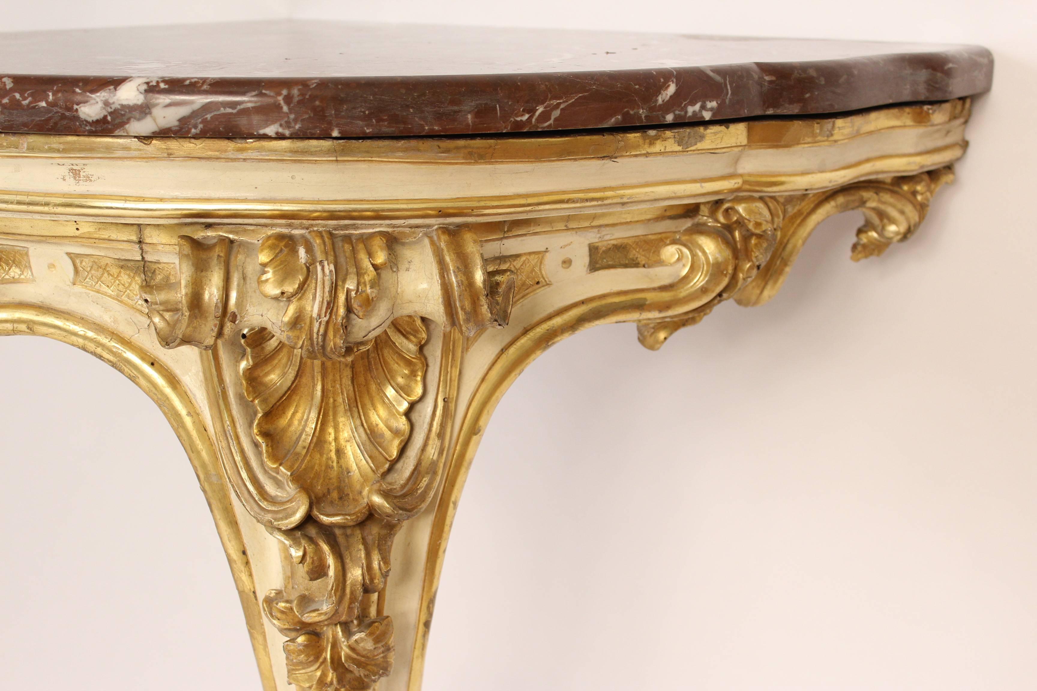 European Antique Louis XV Style Painted and Gilt Decorated Corner Console