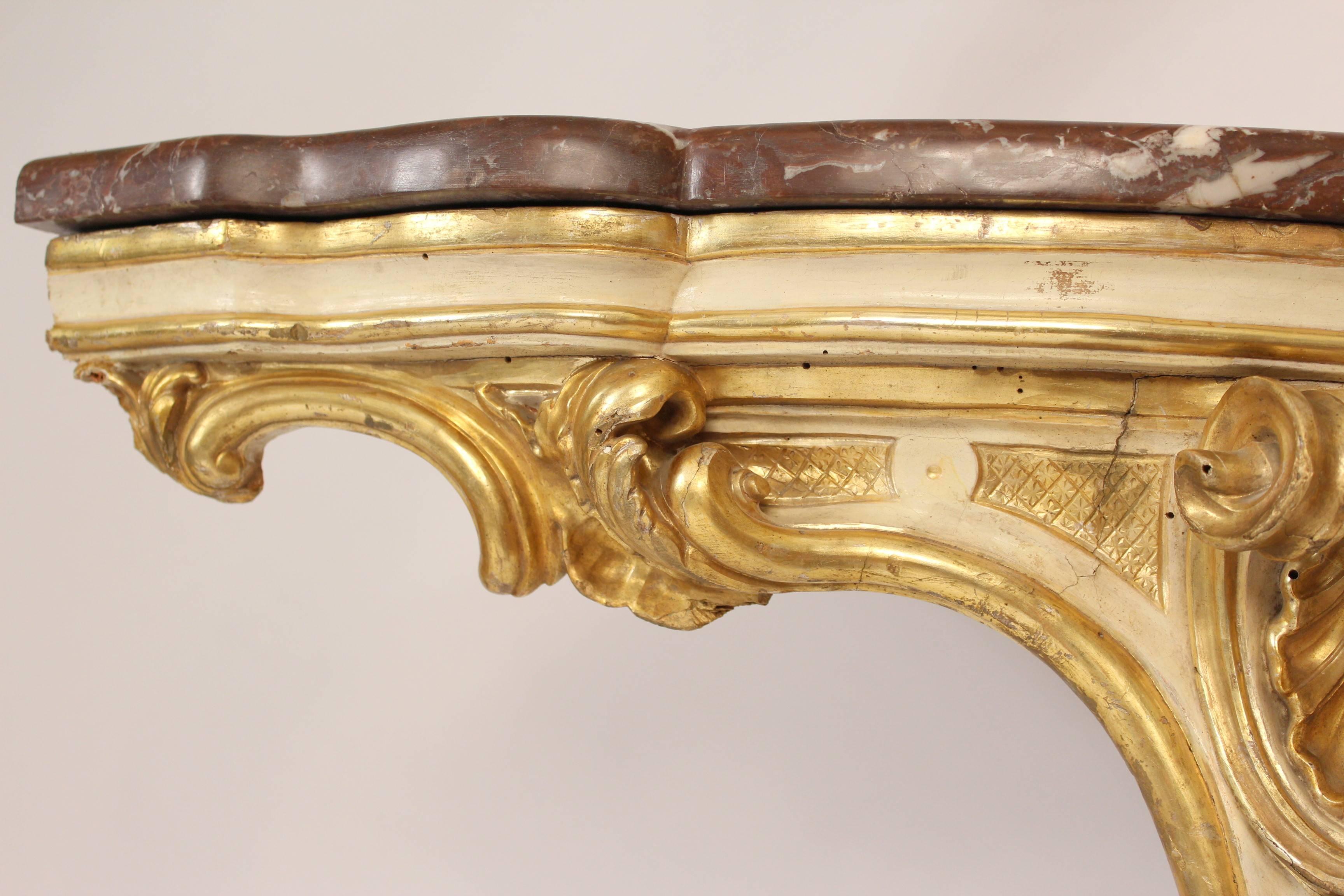 19th Century Antique Louis XV Style Painted and Gilt Decorated Corner Console