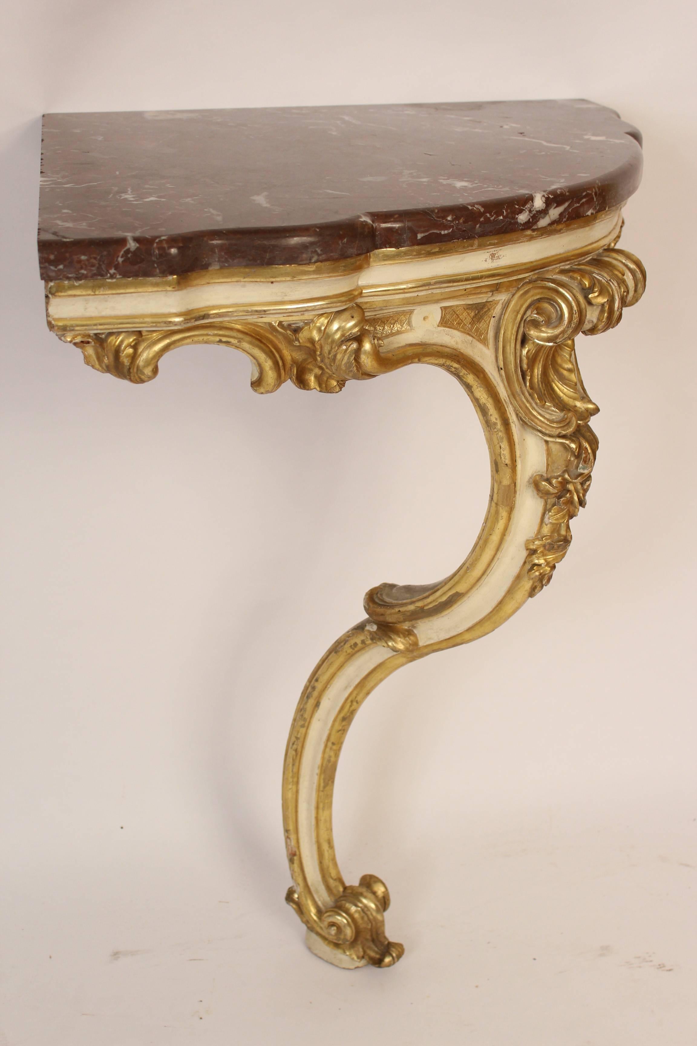 Gold Leaf Antique Louis XV Style Painted and Gilt Decorated Corner Console