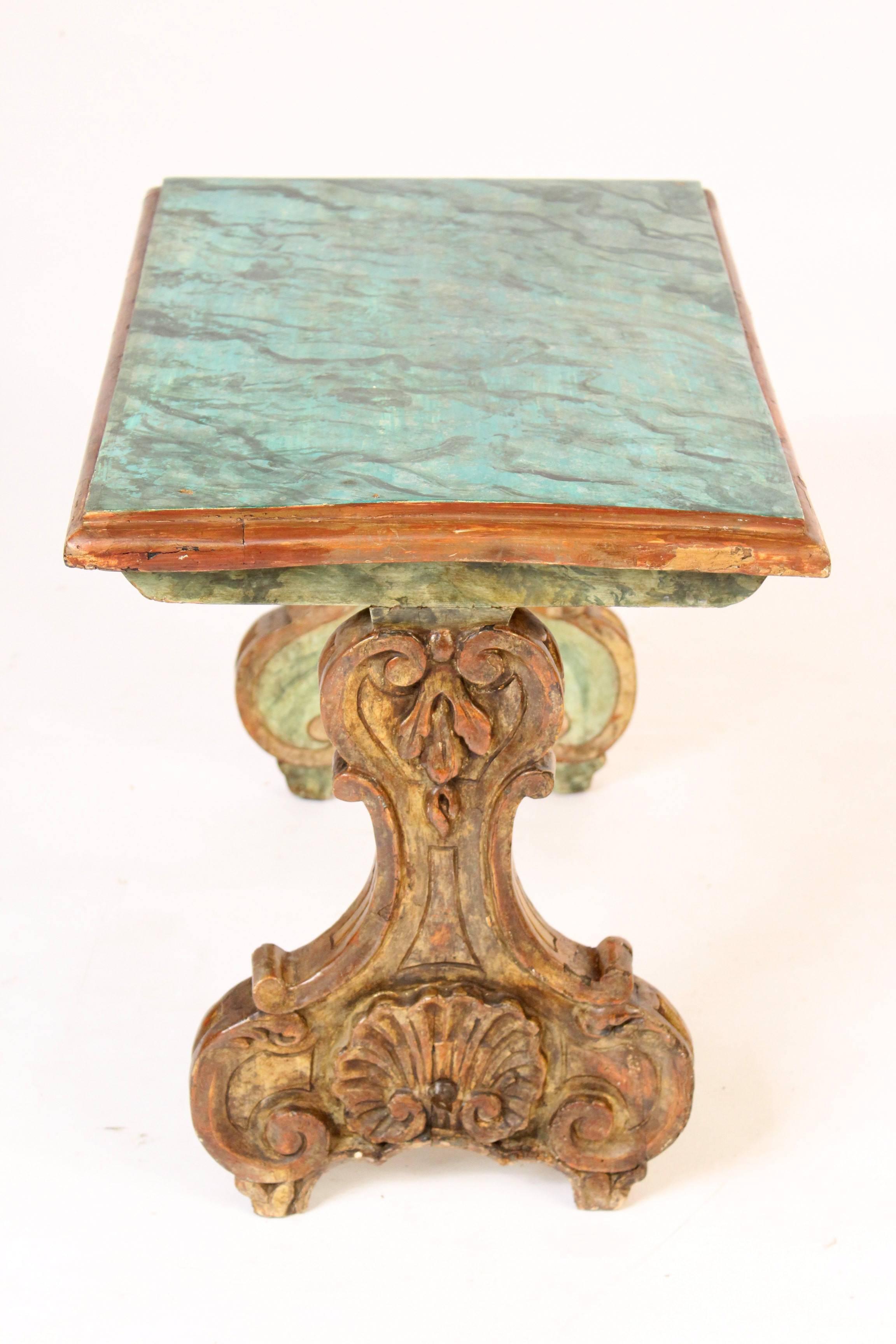 Baroque style partial-gilt end table with a painted faux malachite top, made from antique elements, assembled circa 1920. This table is waiting to add a splash of color to your room.
