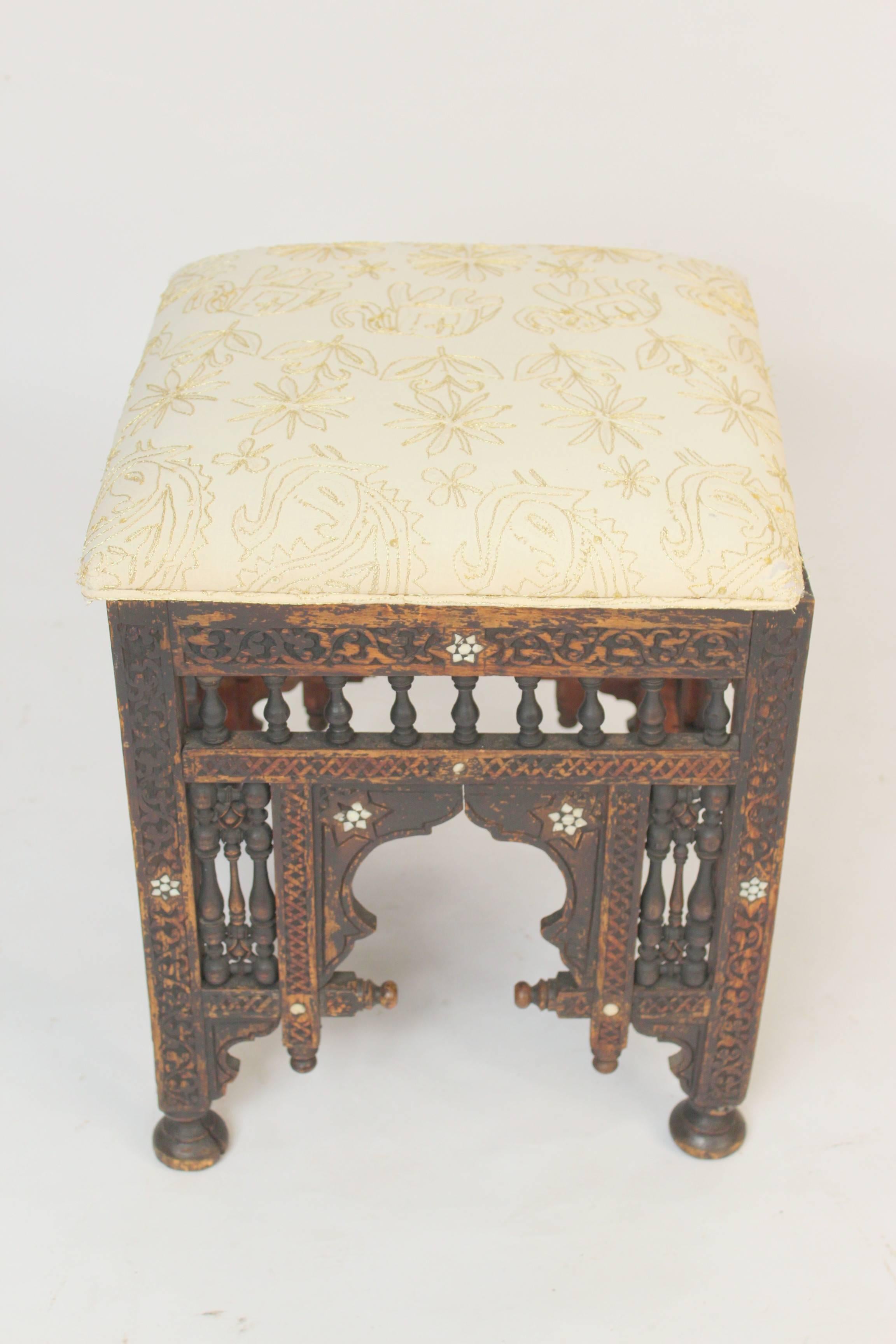 Moorish carved and turned bench with bone inlay, circa 1930.