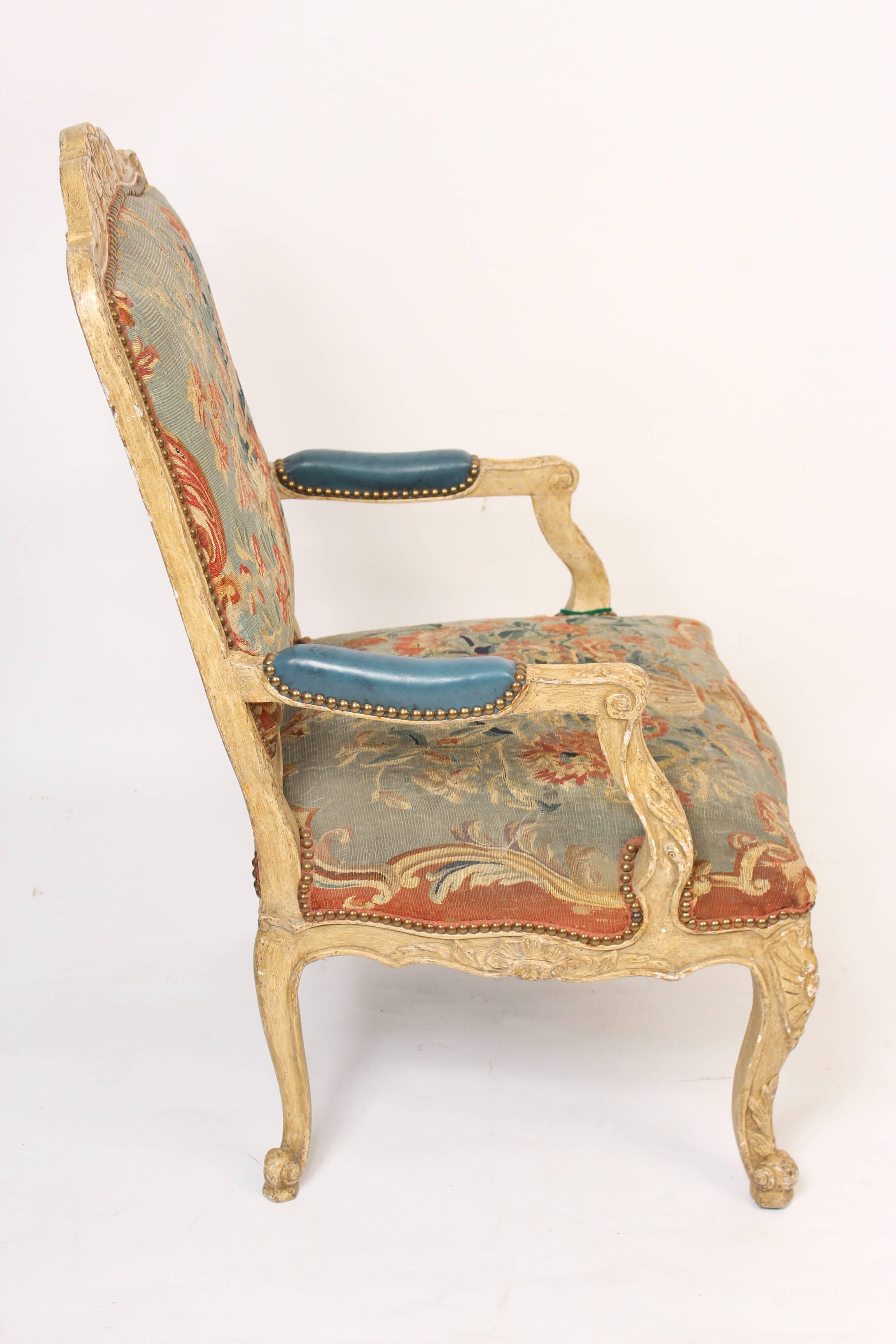 Louis XV style armchair frame with Minton Spidel label, late 20th century, with 19th century tapestry upholstery.