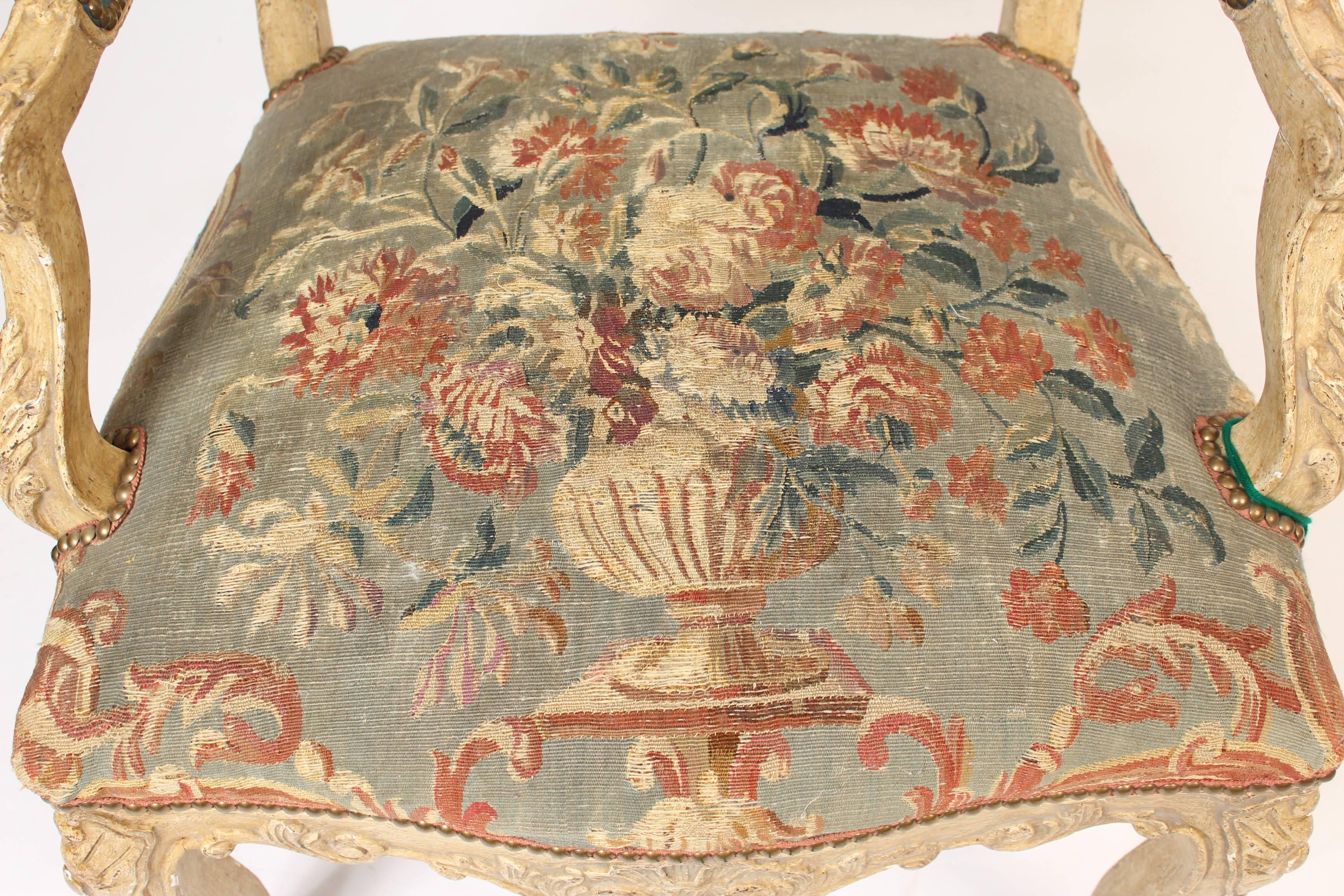 Louis XV Style Painted Armchair Upholstered in Antique Tapestry 2