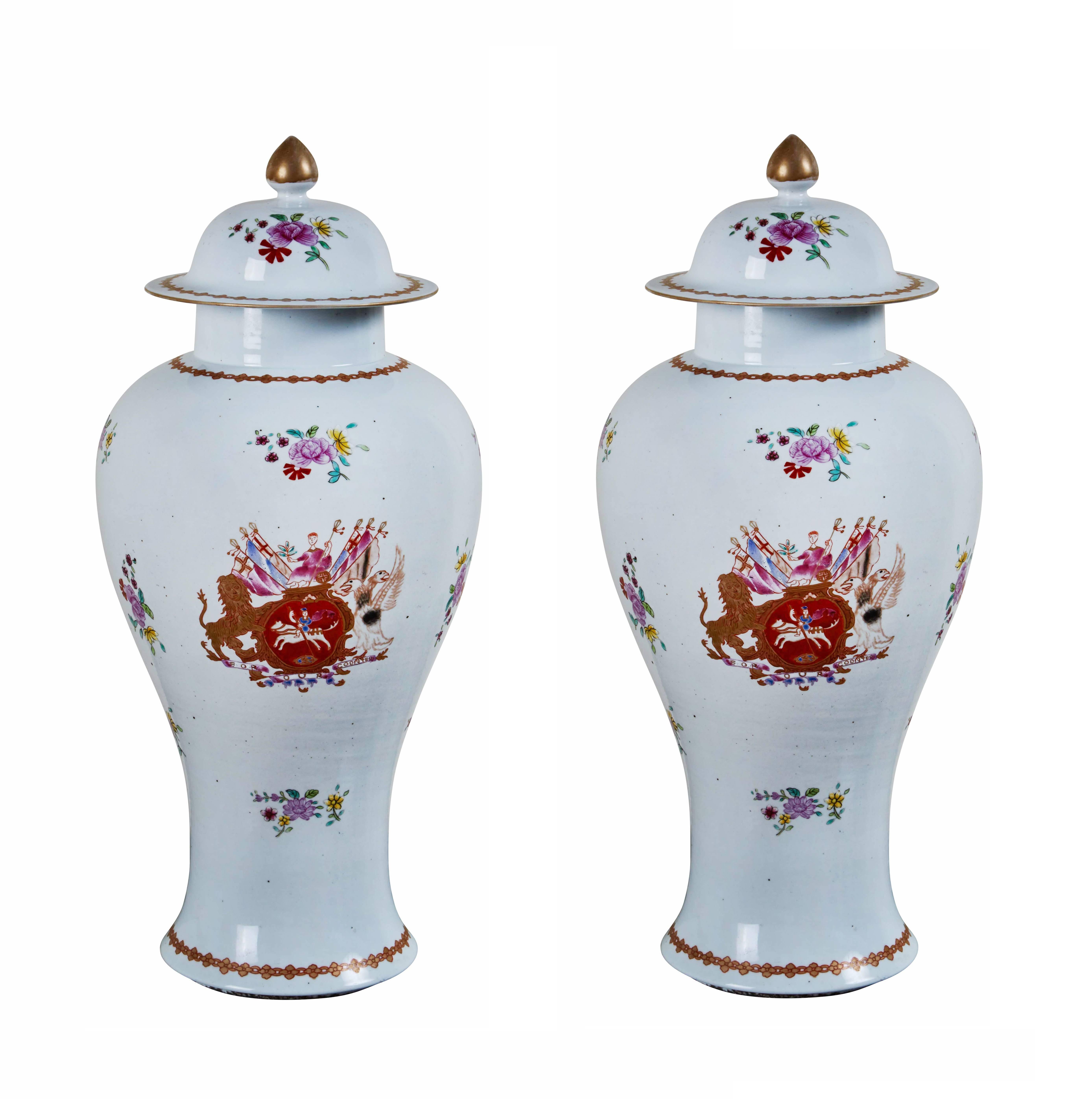 Fine Pair of circa 1915, Chinese Armorial Urns For Sale