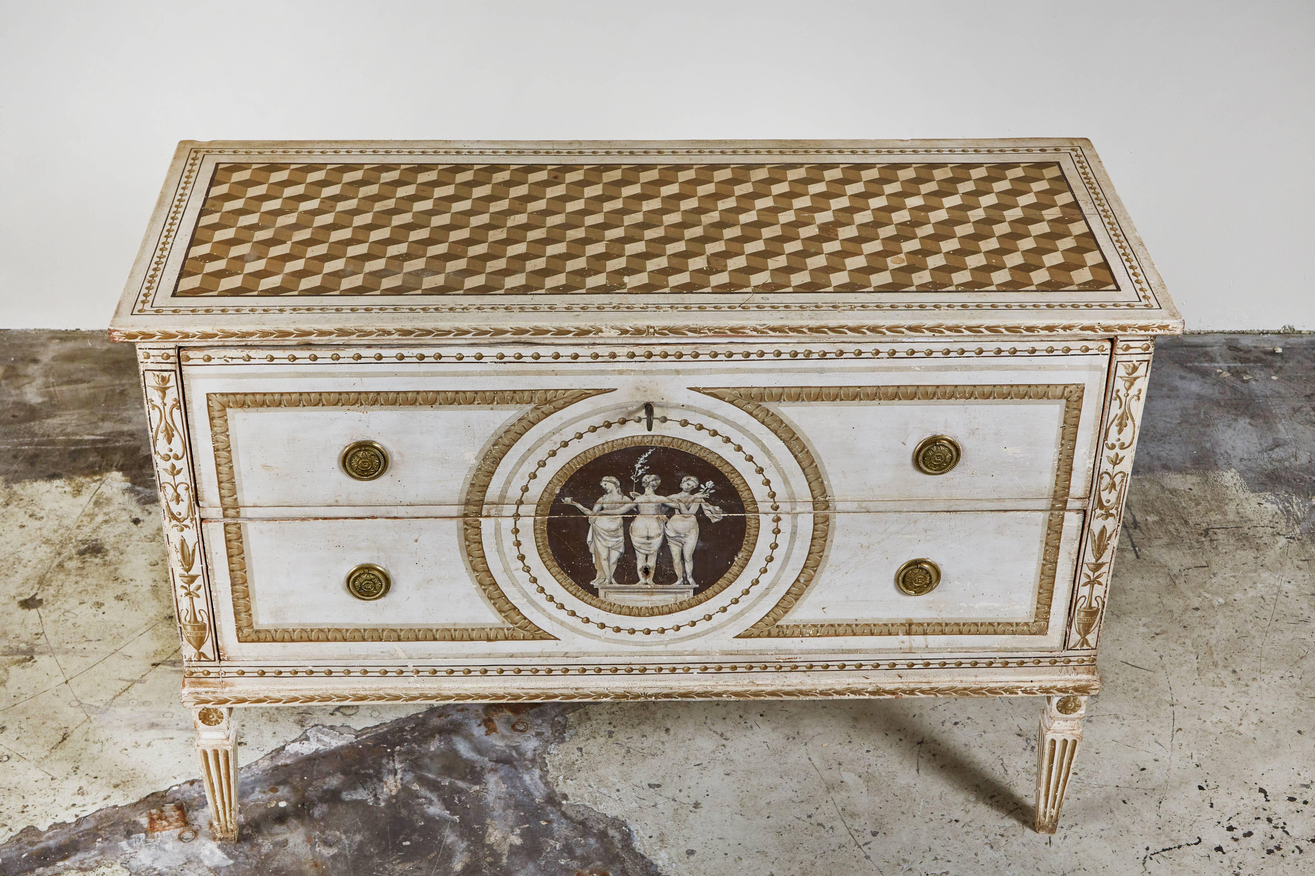 Hand-Carved Italian, Neoclassical Style, Painted Commode