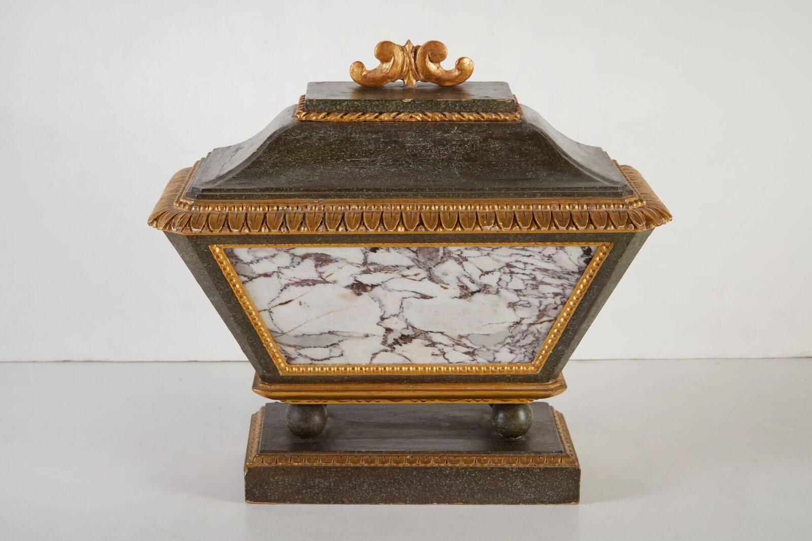 Wonderful, hand-painted and giltwood, sarcophagi-form, table accessories. Both inset with rouge, and white marble panels and standing on ball feet with matching plinths. Each with relief carved, foliate trim and matching, giltwood, scroll finials.