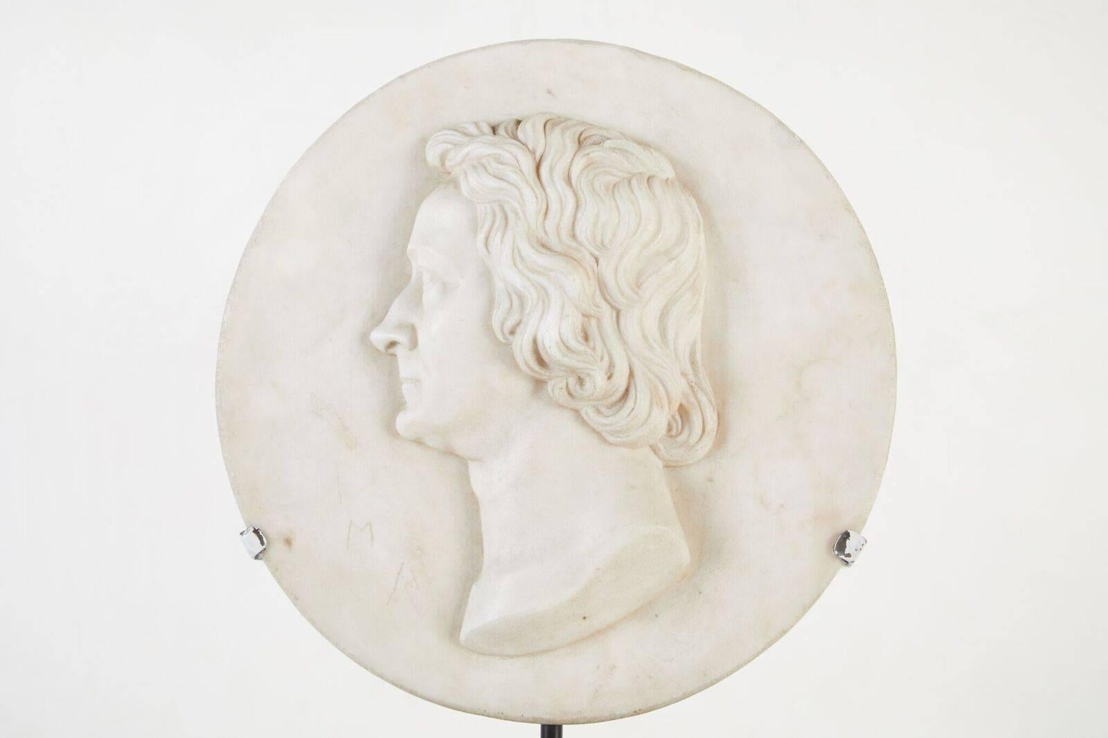 Hand-carved, white marble, relief medallion of famous Danish sculptor, Betel Thorvaldsen (1770-1844) who has an entire museum dedicated to his work in Copenhagen.