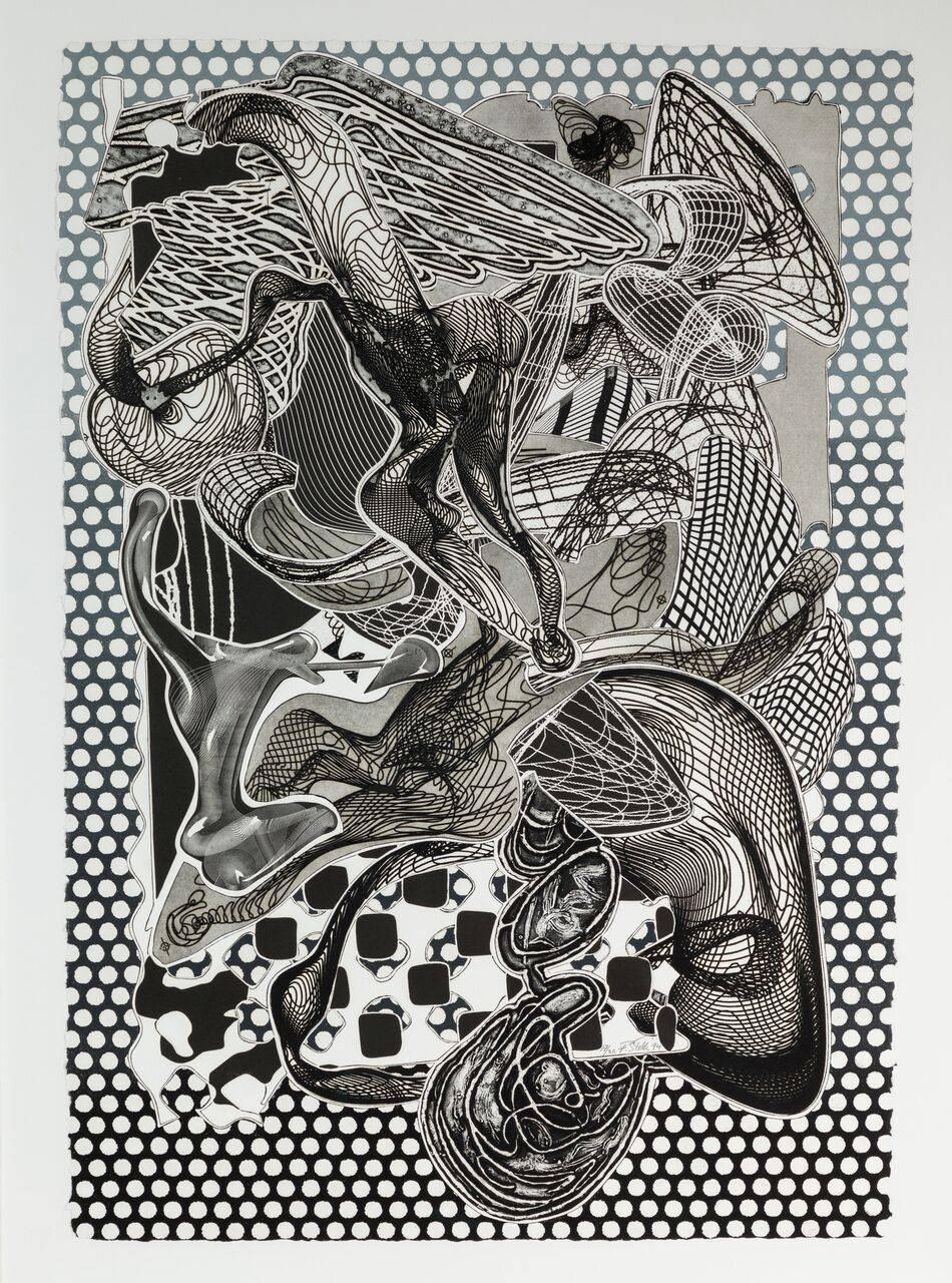 Chic, dynamic, etching and aquatint on paper, black-and-white artwork by American, art icon, Frank Stella. Signature, date and number on lower right: 