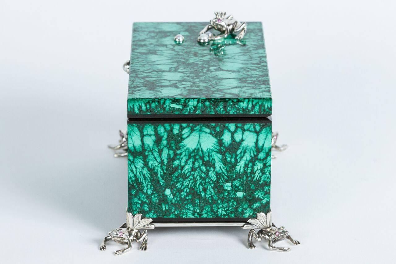 Stunning, Malachite, hinge-top sundry box embellished with sterling silver, frog feet and mounts, freshwater pearls and pink tourmaline.