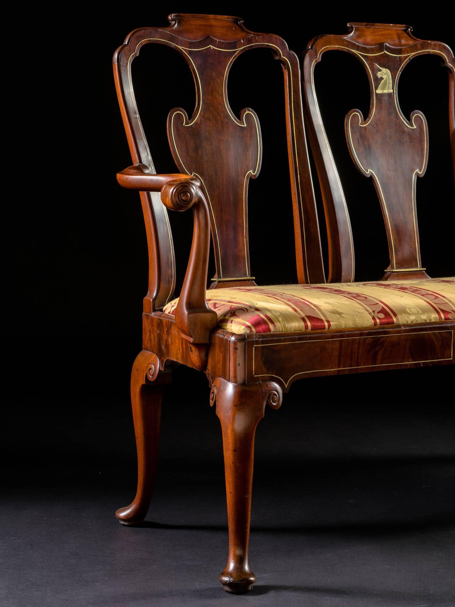 English George II Mahogany and Brass Inlaid Triple Chair Back Settee For Sale