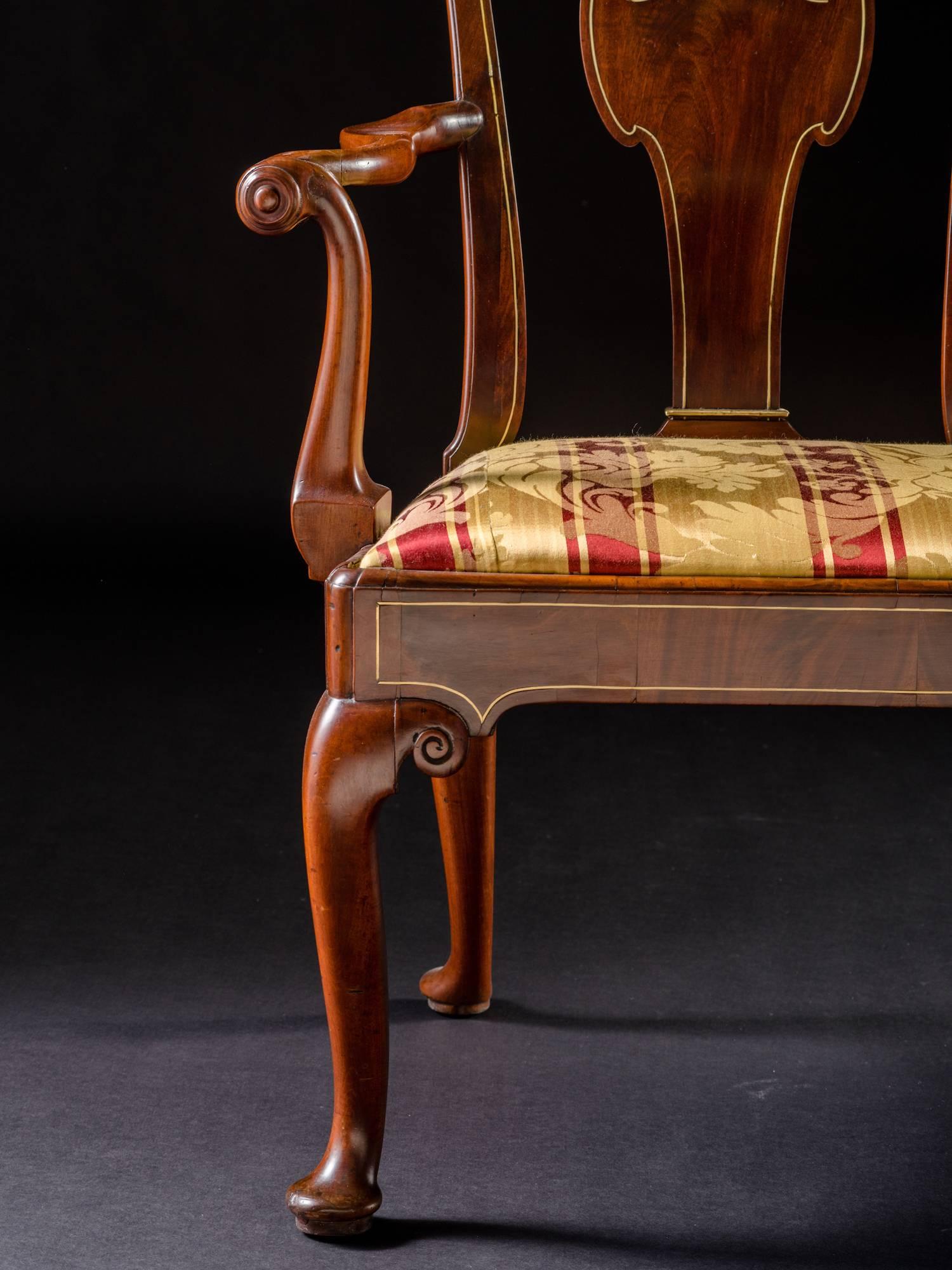 Inlay George II Mahogany and Brass Inlaid Triple Chair Back Settee For Sale