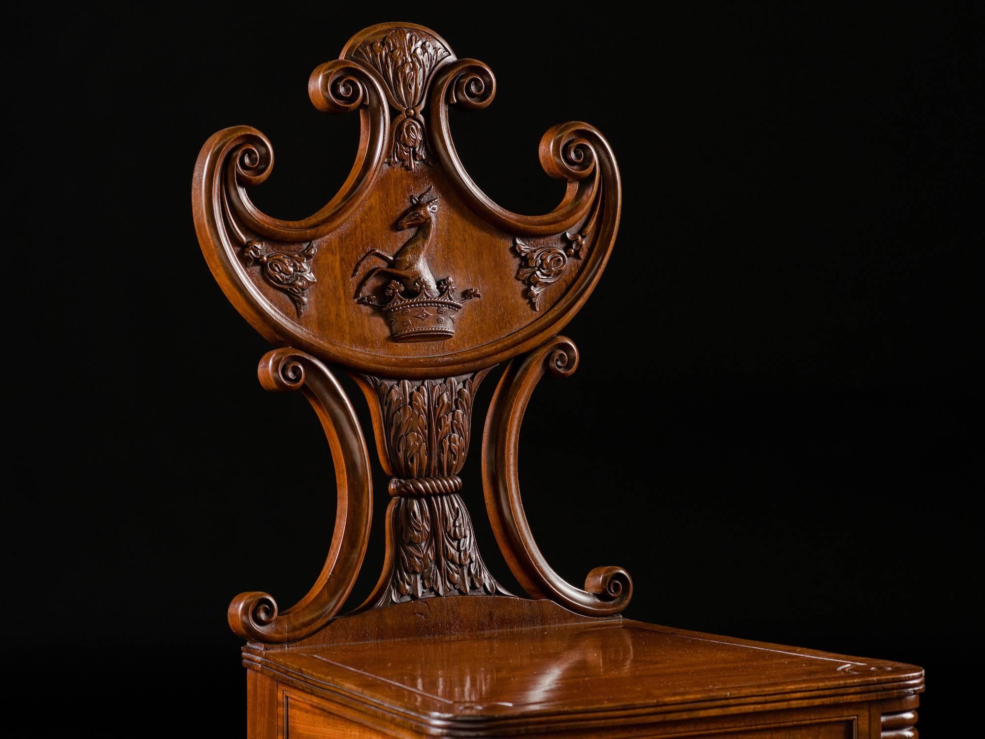 English Pair of William IV Mahogany Hall Chairs For Sale