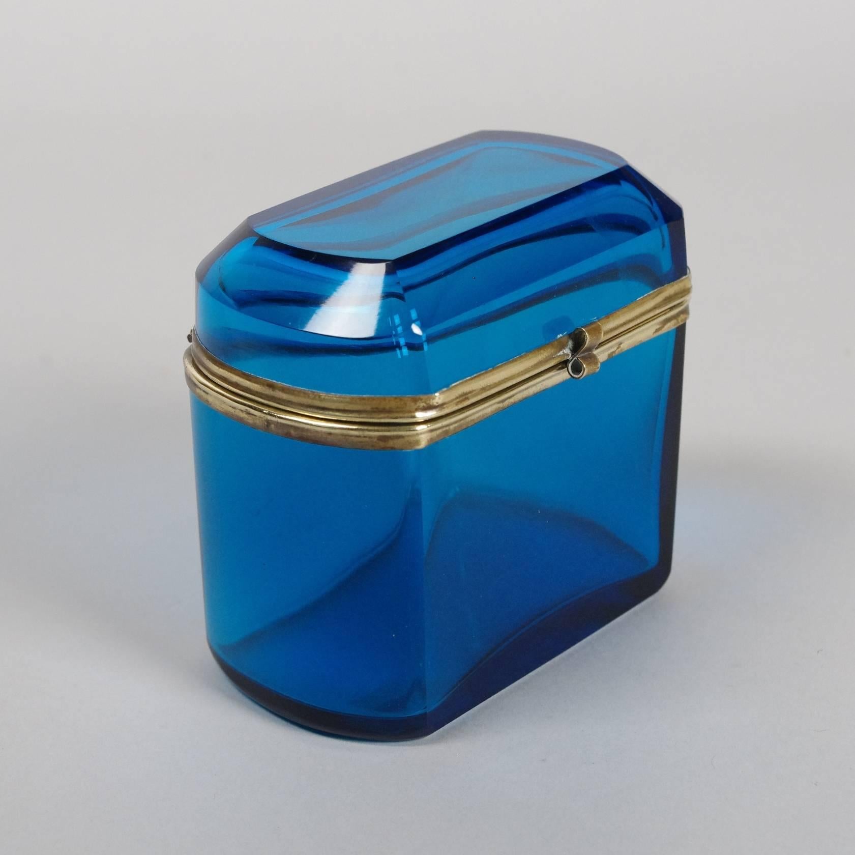 French blue glass dresser box, or sugar box, well cut with brass mounts.