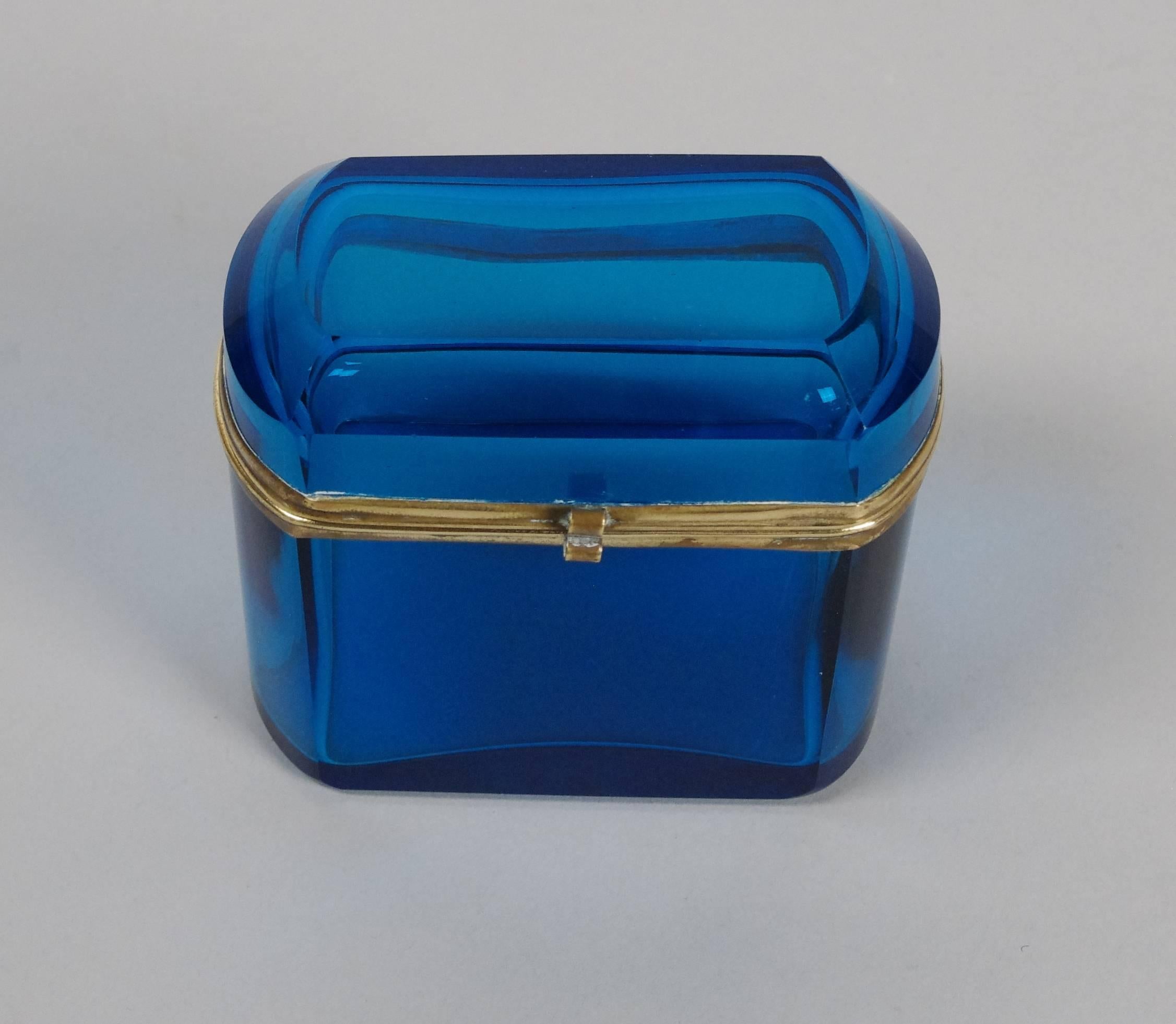 Brass French Blue Glass Dresser Box