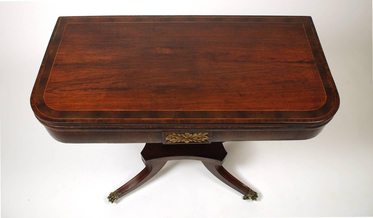 Regency Rosewood Fold over Card Table with Rare Palm Cross Banding In Good Condition In St. Louis, MO