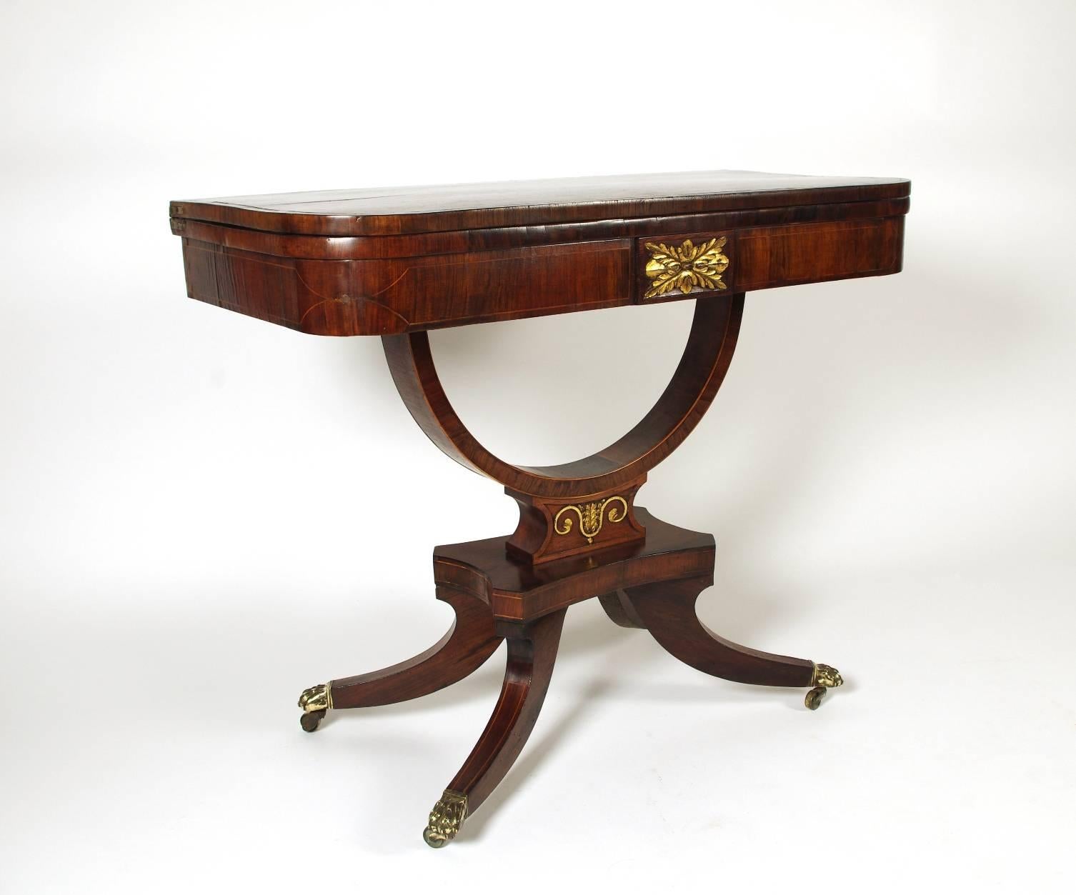 English Regency Rosewood Fold over Card Table with Rare Palm Cross Banding