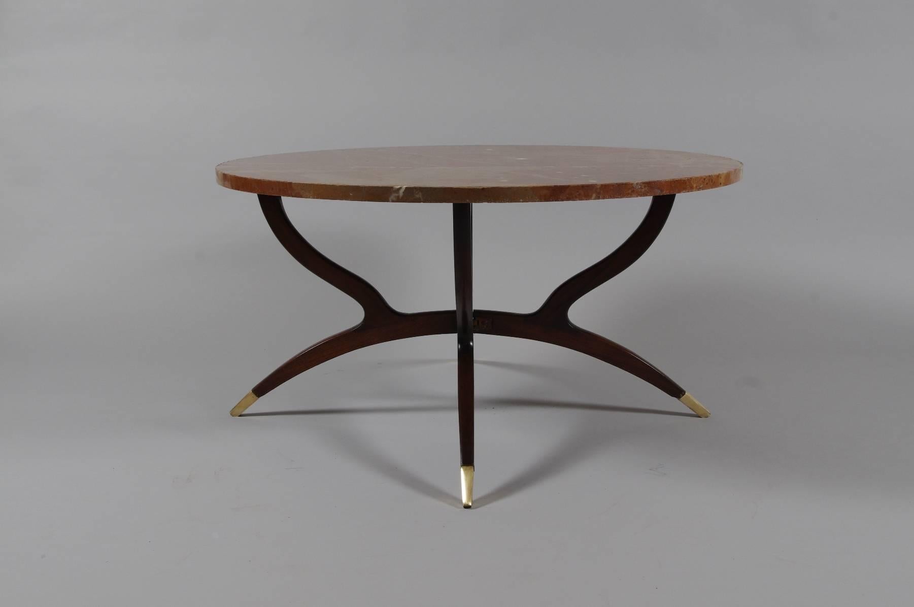 Moroccan Marble-Topped Coffee Table on Mahogany Base with Brass Feet