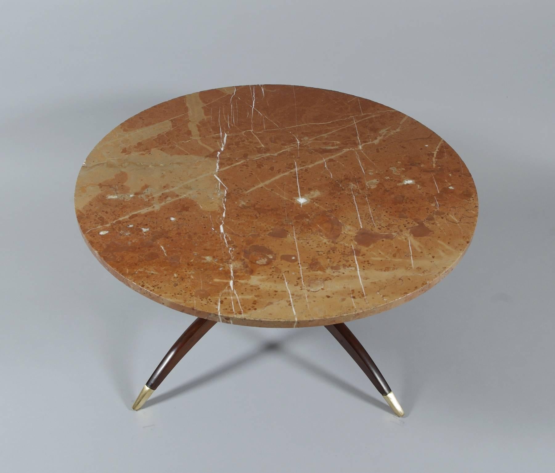 Mid-Century Modern Marble-Topped Coffee Table on Mahogany Base with Brass Feet