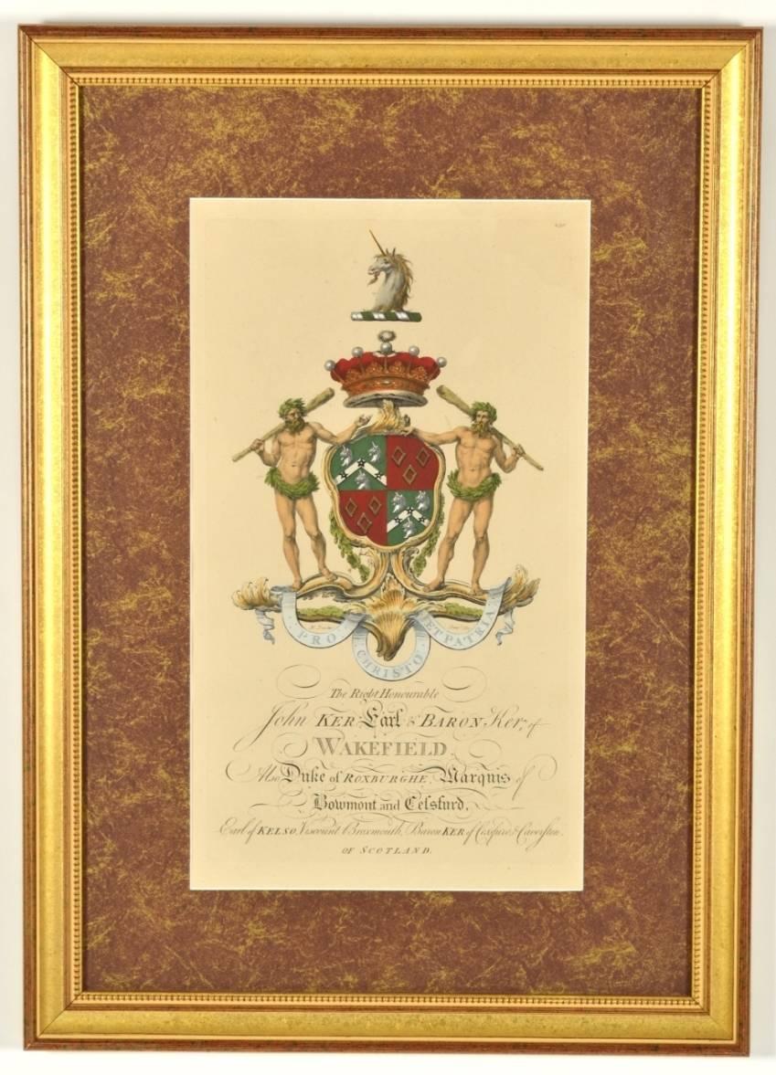 George III Set of Four Hand Colored Armorial Engravings, circa 1764