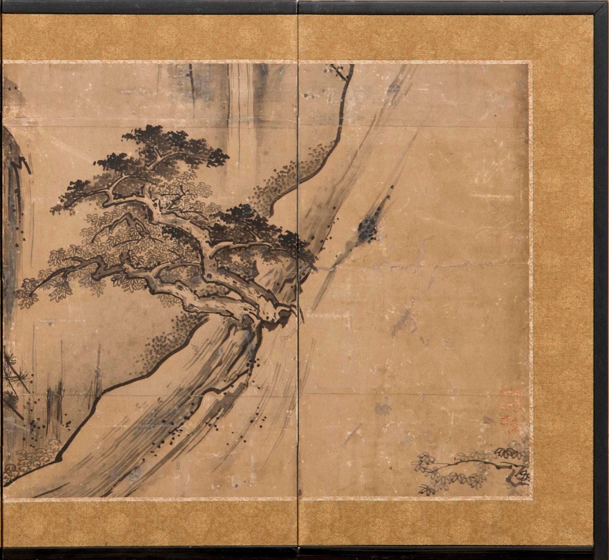 Antique Japanese Four Panel Screen: Ink Landscape Painting with an illegible seal.  Painted in the Unkoku School in ink on mulberry paper with a silk brocade border.