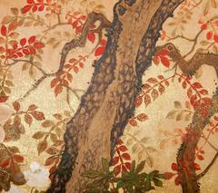 Japanese Two Panel Screen: Trees in Floral Landscape