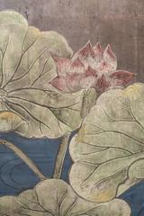 Japanese Two Panel Screen: Lotus Flower and Leaves on Silver