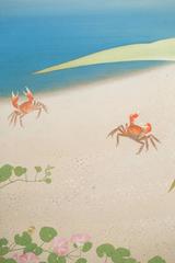 Japanese Two Panel Screen: Flowering Lilies on the Beach with Dancing Crabs