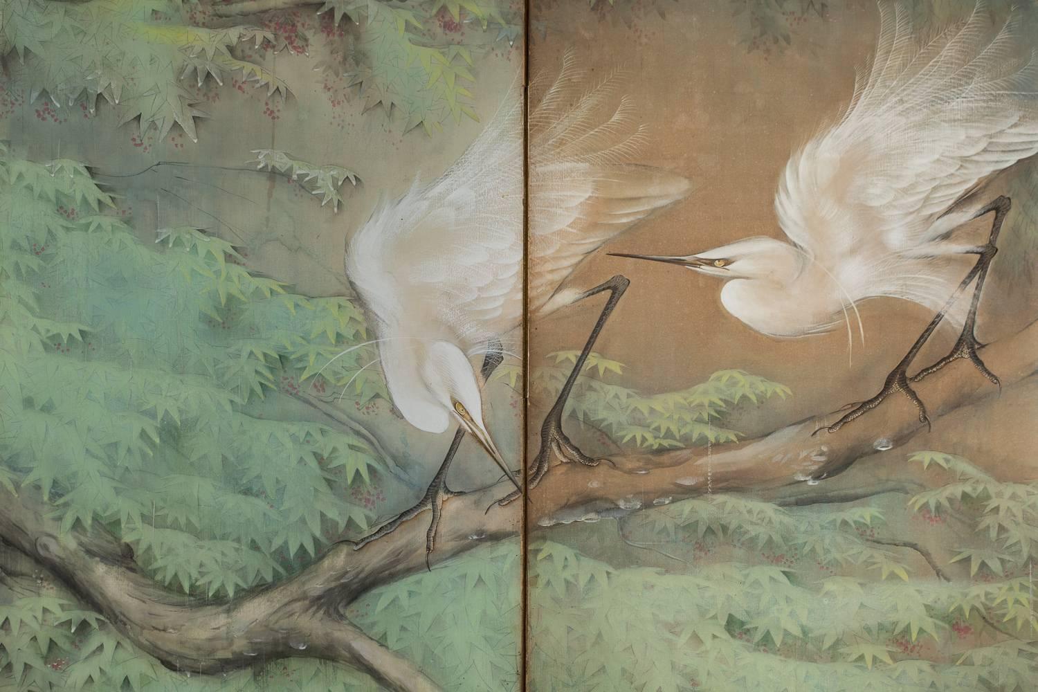 Japanese Six Panel Screen: Egrets in the Rain
Mineral pigments on mulberry paper with tones of silver in the foreground
Signed and sealed 北遥 Hokuyo.  Born in Kyoto, Toda Hokuyo graduated from the Kyoto City Public Craft School in 1922 and from its
