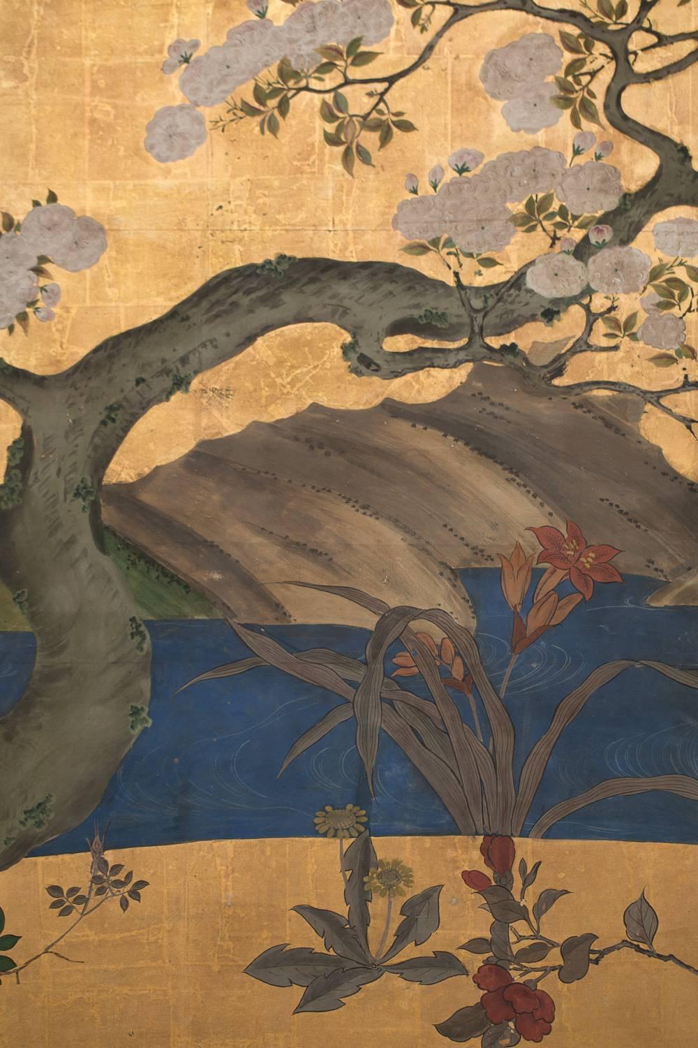 18th Century and Earlier Japanese Six Panel Screen:  Flowering Cherry Tree with Raised Blossoms