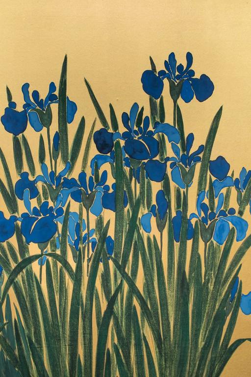 Japanese Screen, Irises on Gold For Sale at 1stdibs