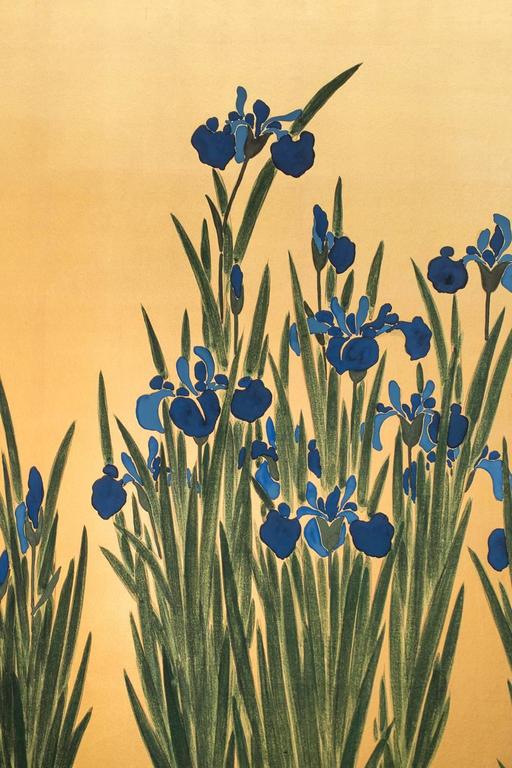 Japanese Screen, Irises on Gold For Sale at 1stdibs