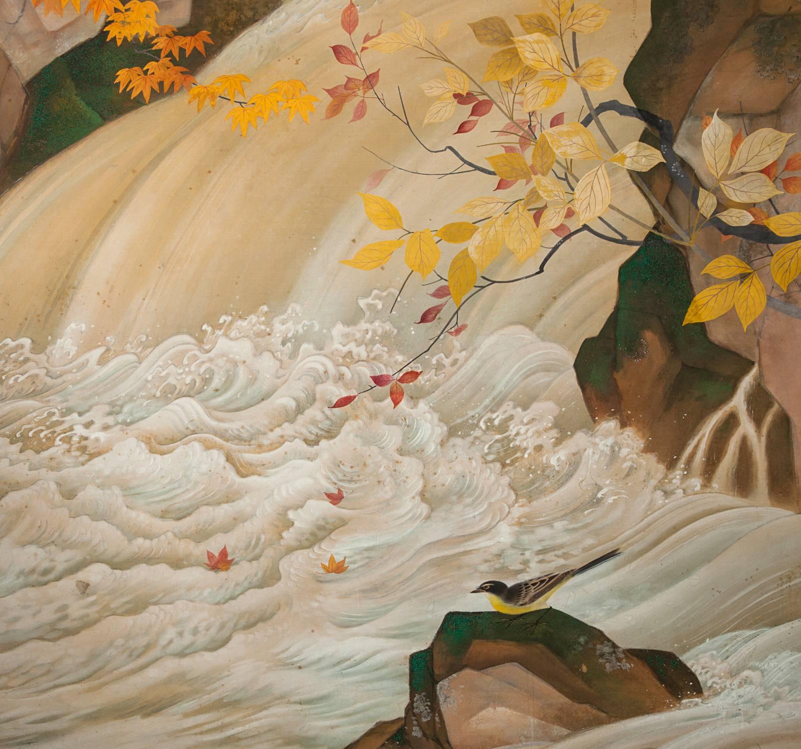 Japanese two-panel screen: Waterfall and maple tree in autumn scenery.
Taisho painting (1912-1926).
Mineral pigments on silk.
Artist signature reads: Kosetsu 67 3/4