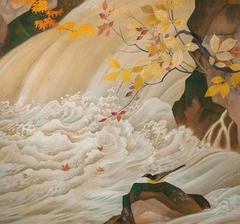 Japanese Two-Panel Screen "Waterfall and Maple Tree in Autumn Scenery"