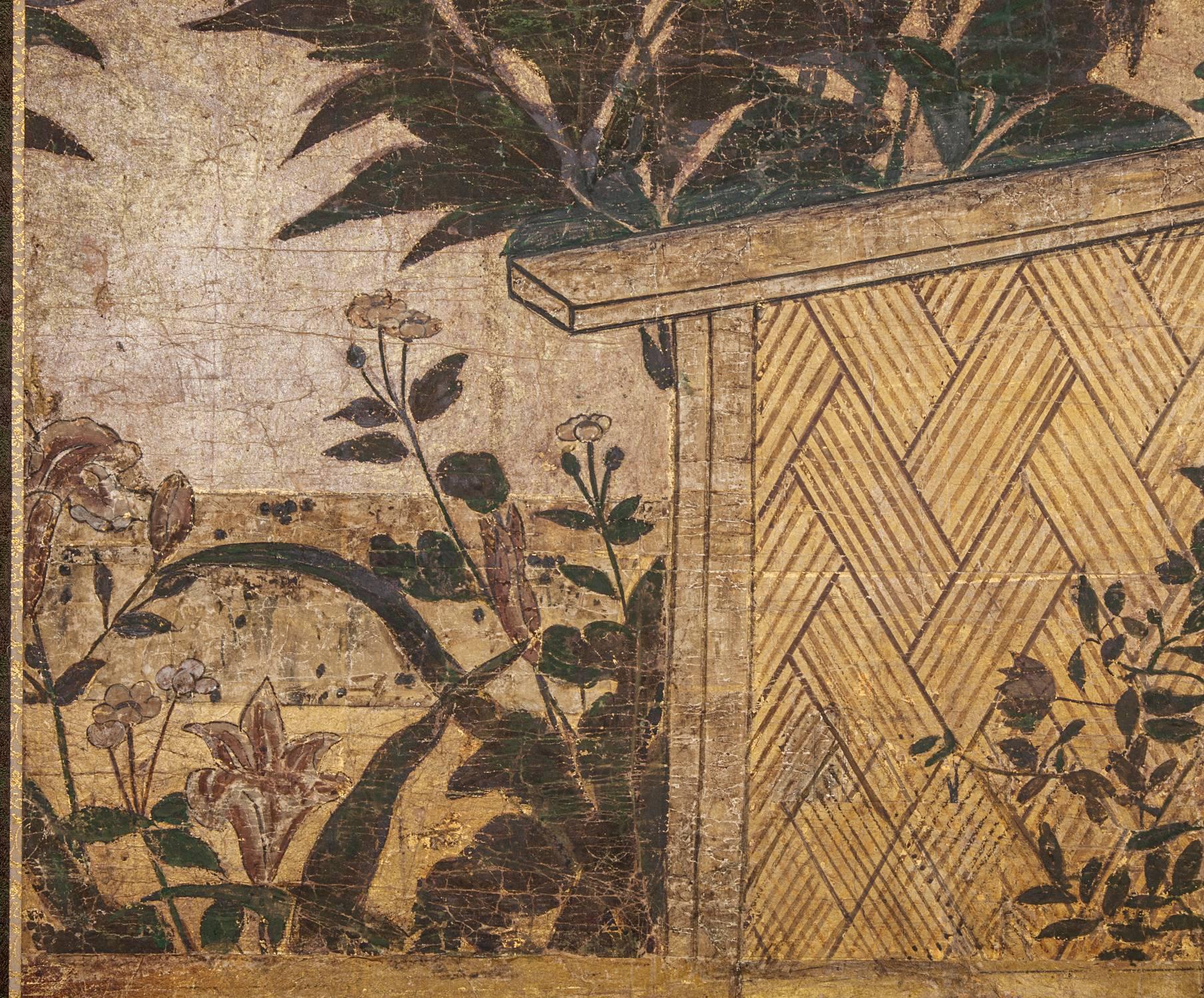 Edo period painting (c. 1700) showing flowers, including peonies, growing by a woven fence.  Mineral pigments on heavy gold leaf.