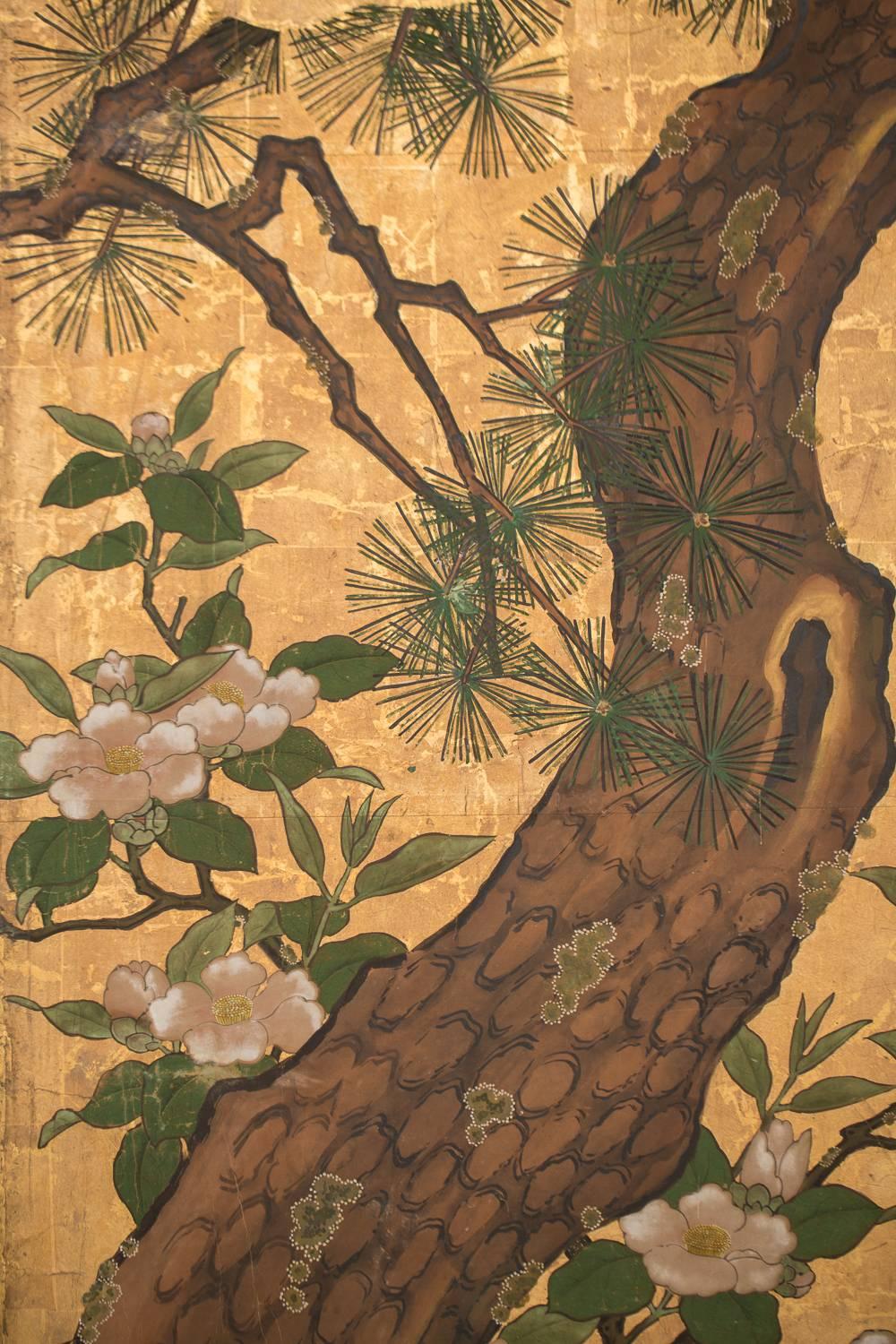 18th Century Pair of Japanese Six Panel Screens: Floral Landscape / Mother with Young For Sale